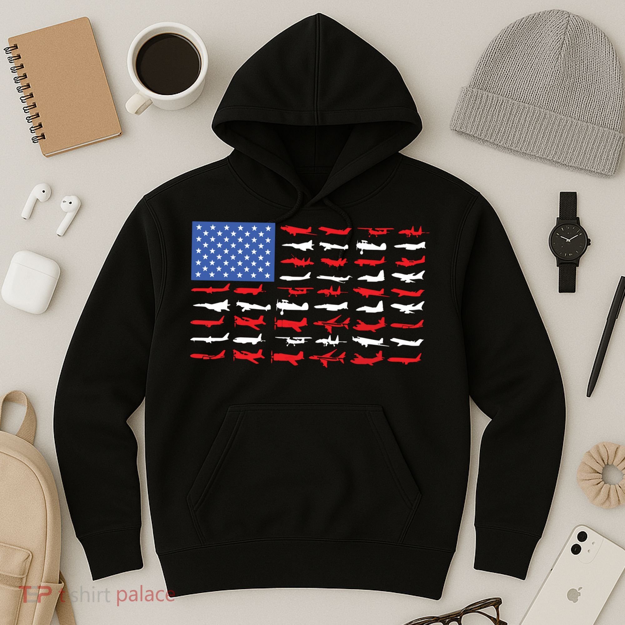 Pilot Airplane American Flag Plane Aviation Hoodie