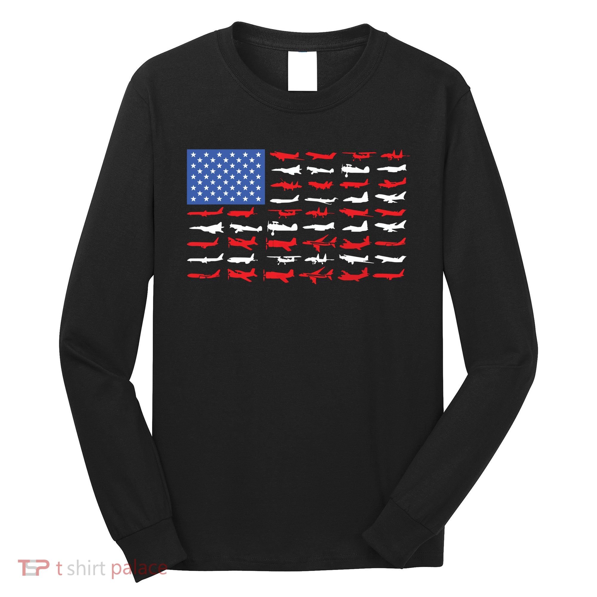 Pilot Airplane American Flag Plane Aviation Long Sleeve Shirt