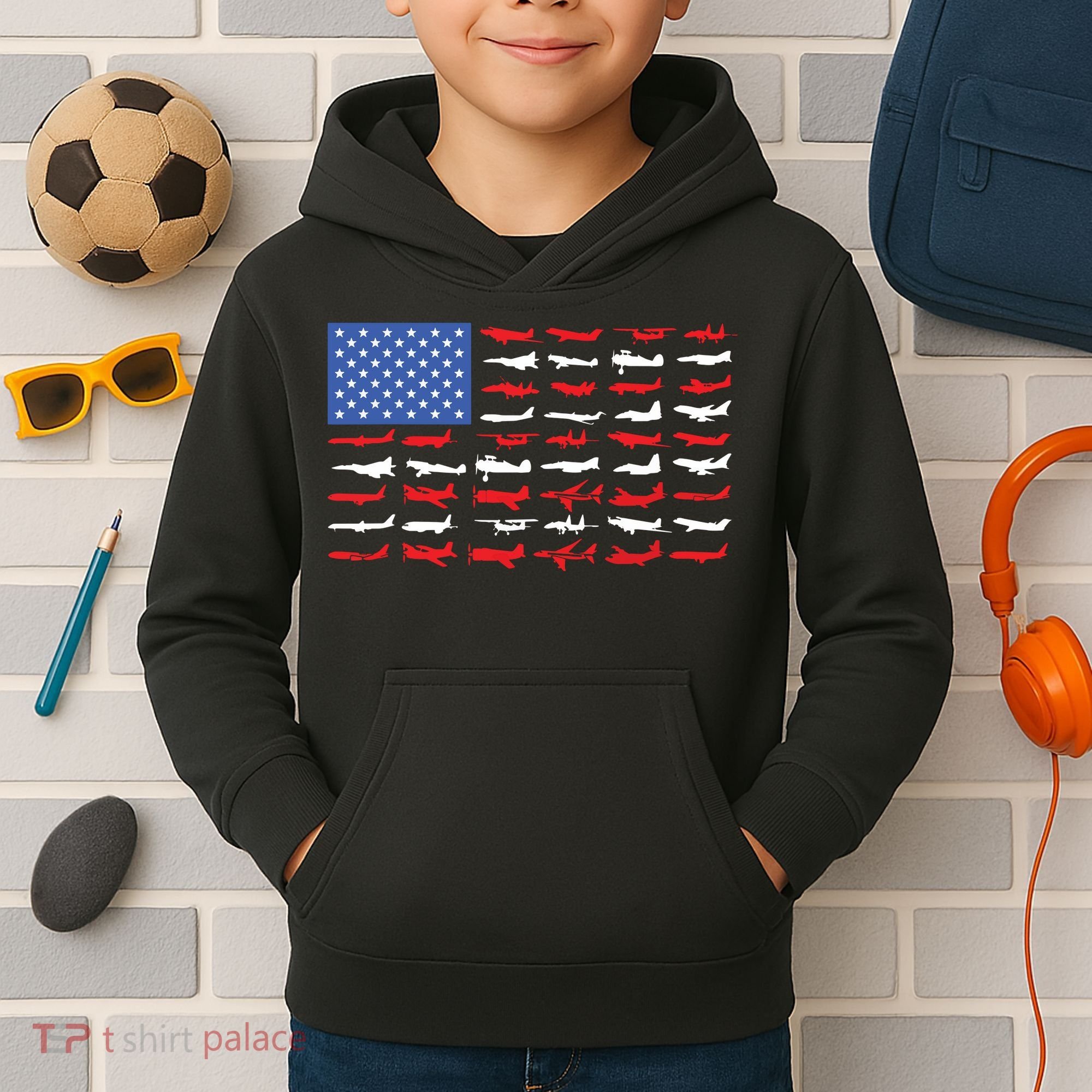 Pilot Airplane American Flag Plane Aviation Kids Hoodie