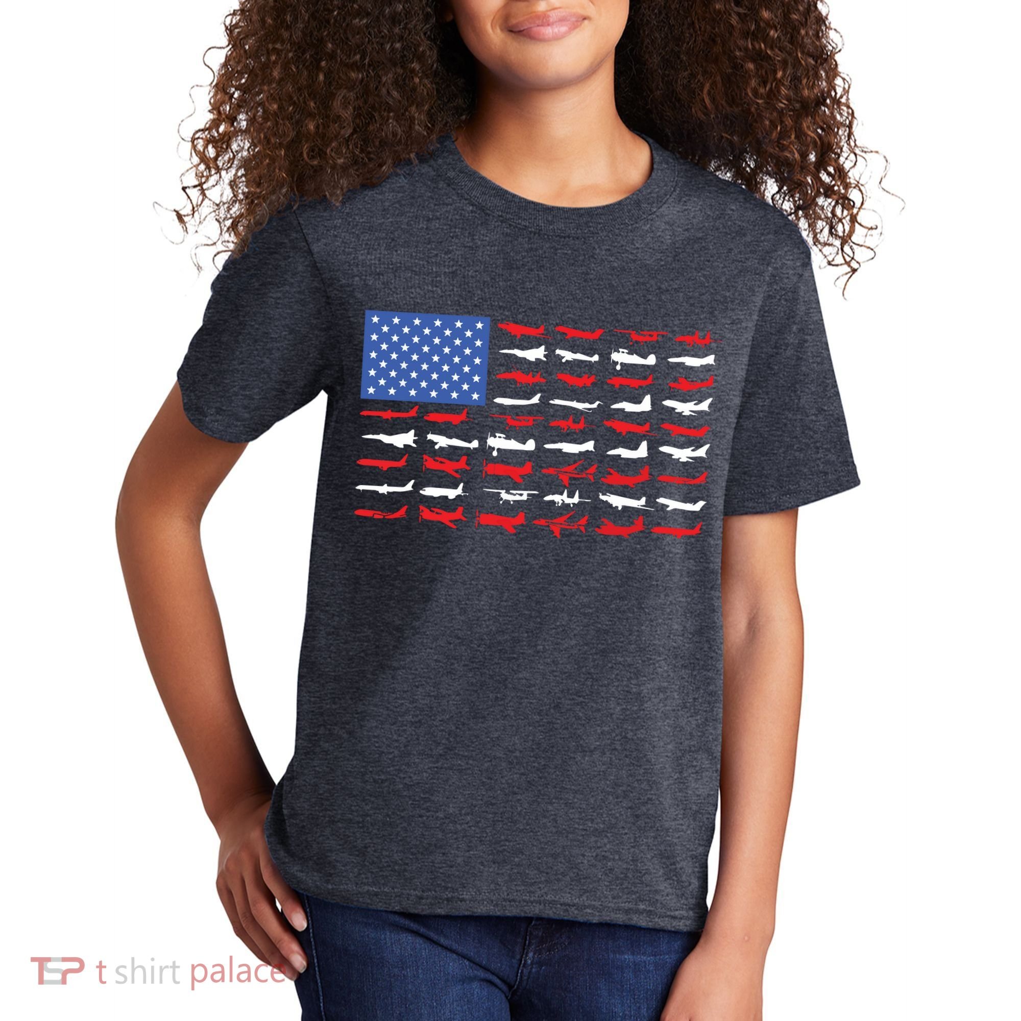 Pilot Airplane American Flag Plane Aviation Kids T-Shirt
