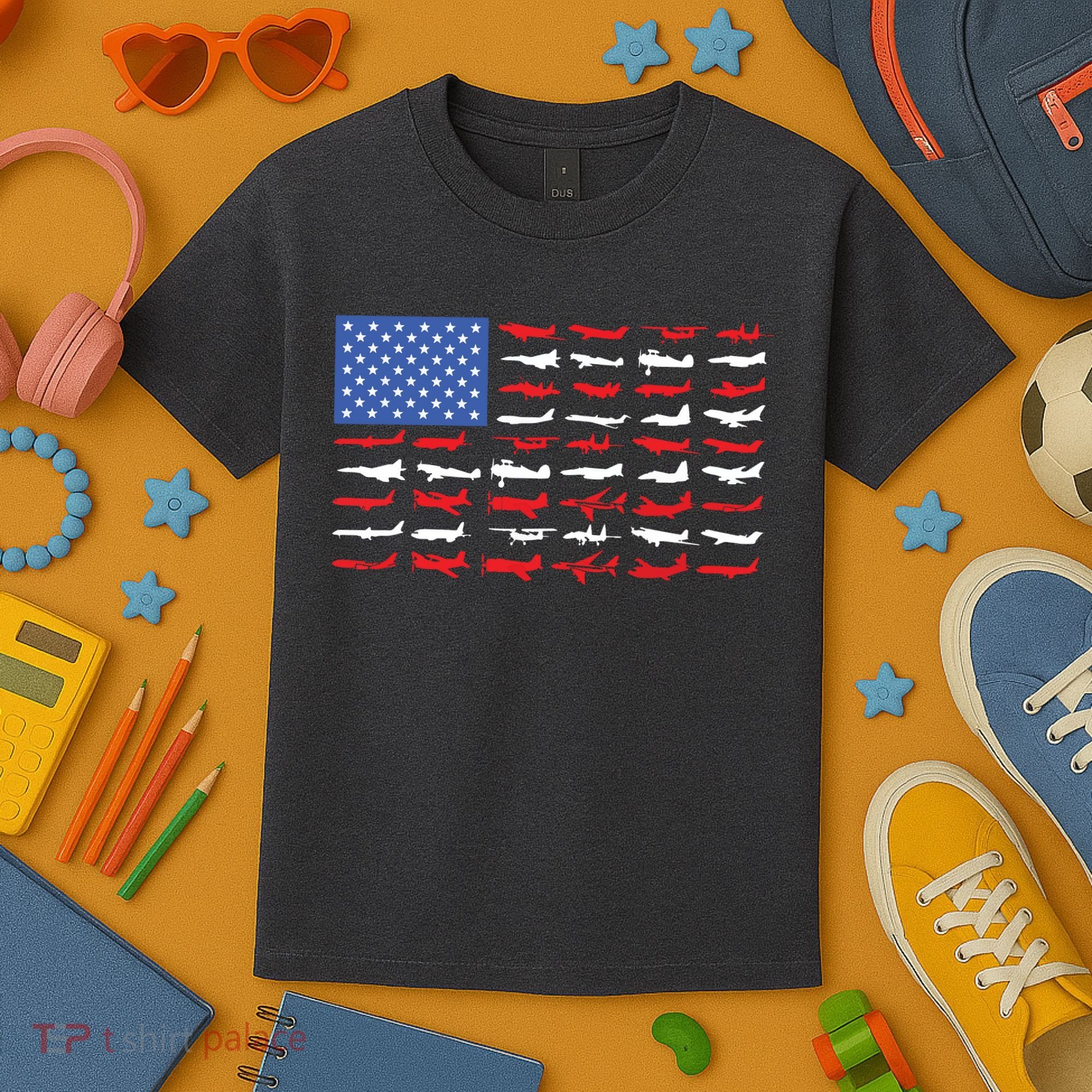 Pilot Airplane American Flag Plane Aviation Kids T-Shirt