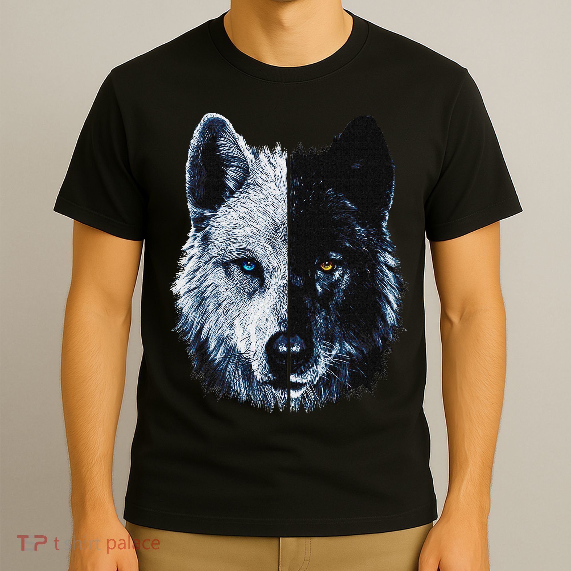 Polar And Black Two Face Wolf Split Face Magical Wolves T-Shirt