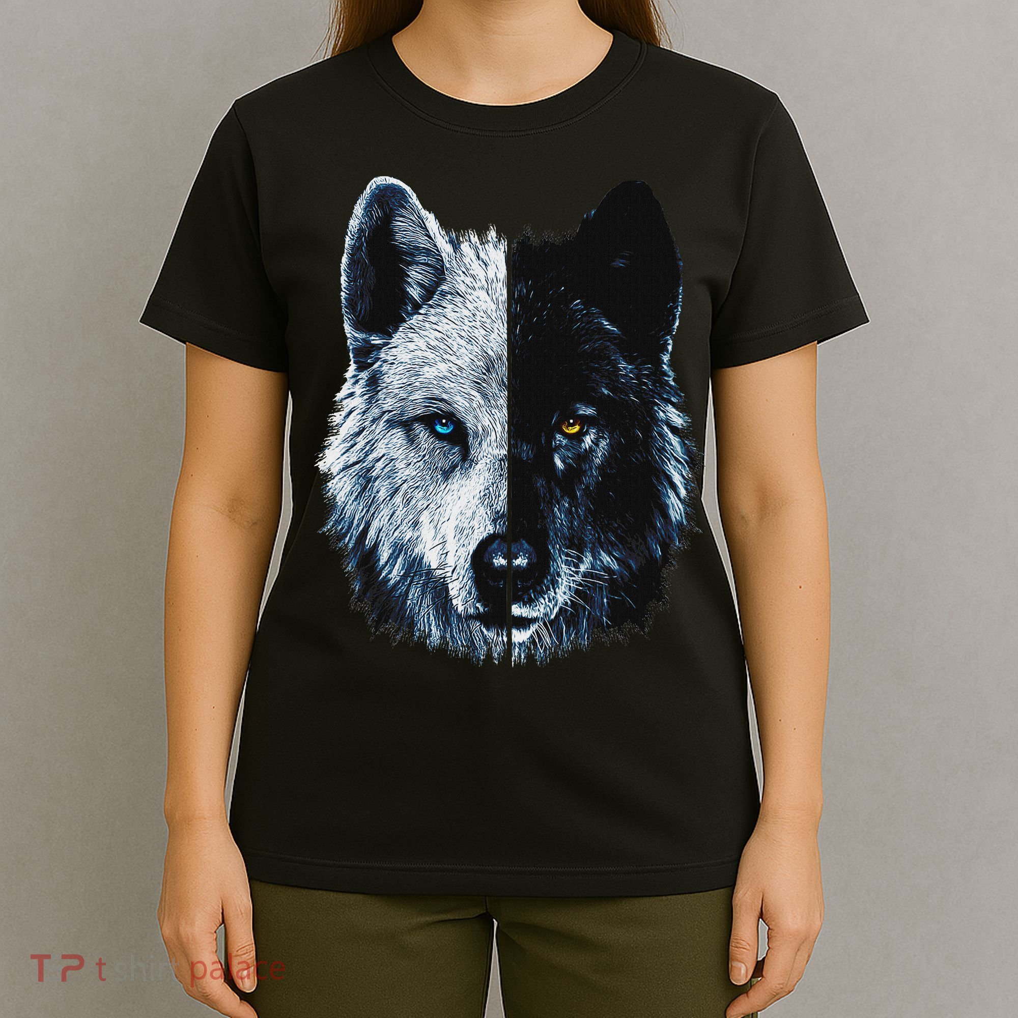 Polar And Black Two Face Wolf Split Face Magical Wolves T-Shirt