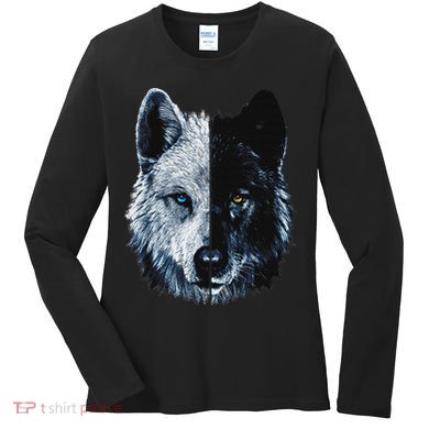 Polar And Black Two Face Wolf Split Face Magical Wolves Women's Long Sleeve Shirt