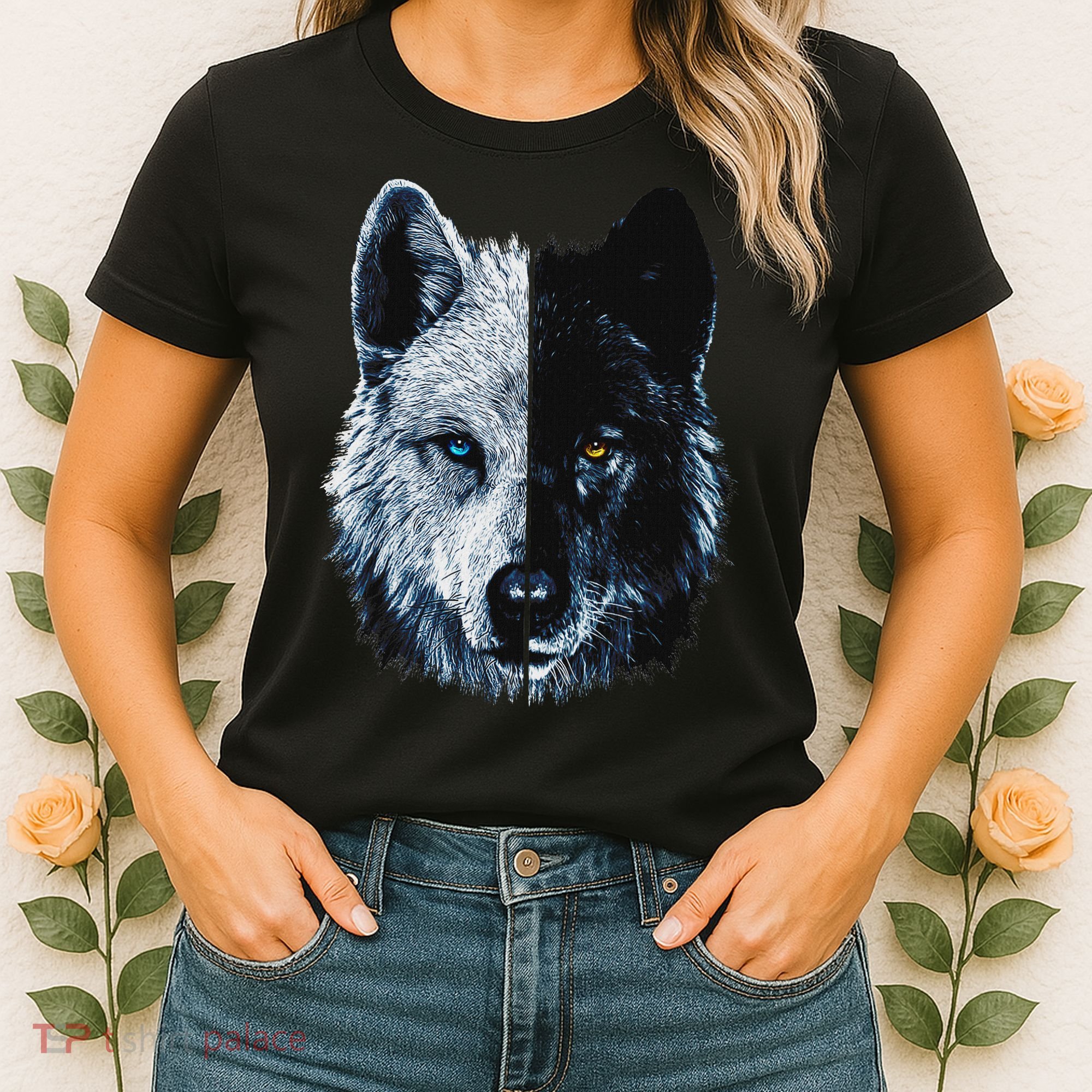 Polar And Black Two Face Wolf Split Face Magical Wolves Women's T-Shirt