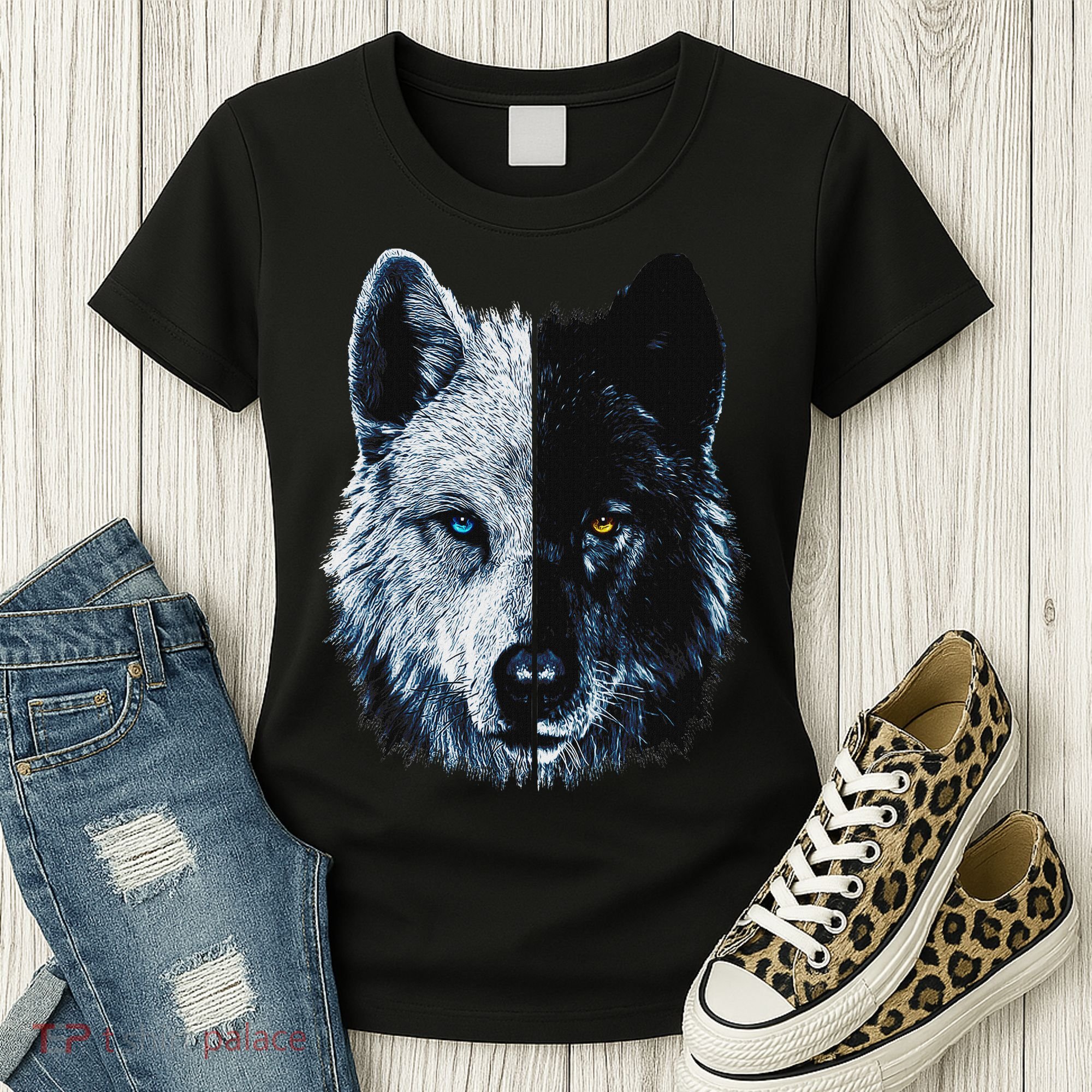 Polar And Black Two Face Wolf Split Face Magical Wolves Women's T-Shirt