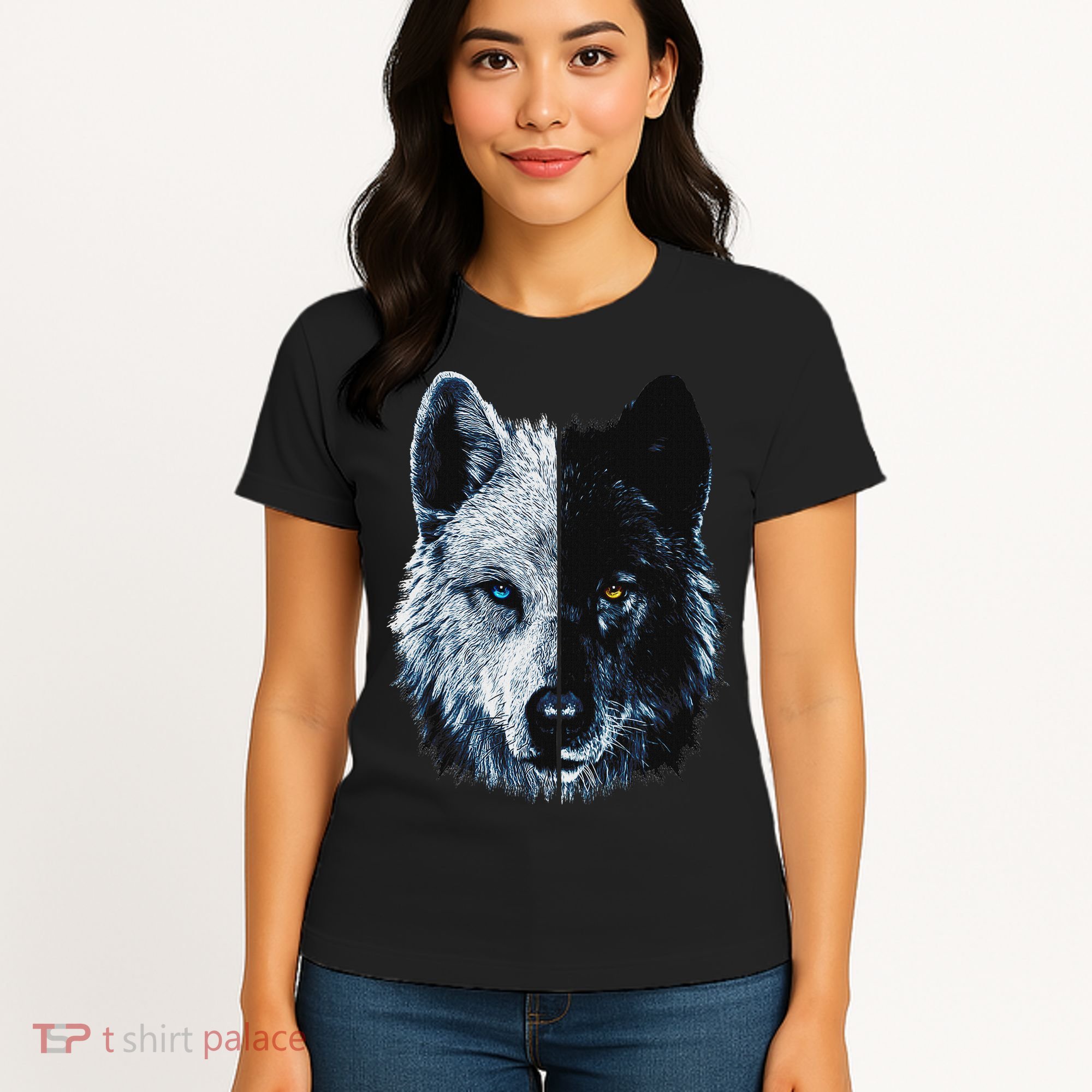Polar And Black Two Face Wolf Split Face Magical Wolves Women's T-Shirt