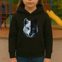 Polar And Black Two Face Wolf Split Face Magical Wolves Kids Hoodie thumb 3