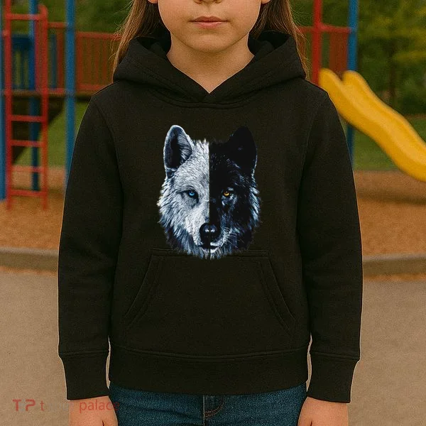 Polar And Black Two Face Wolf Split Face Magical Wolves Kids Hoodie