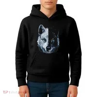 Polar And Black Two Face Wolf Split Face Magical Wolves Kids Hoodie thumb 4