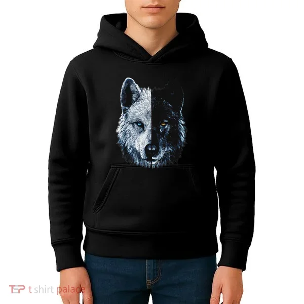 Polar And Black Two Face Wolf Split Face Magical Wolves Kids Hoodie