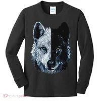 Polar And Black Two Face Wolf Split Face Magical Wolves Kids Long Sleeve Shirt thumb 0