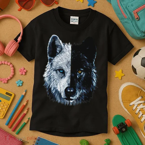 Polar And Black Two Face Wolf Split Face Magical Wolves Kids T-Shirt