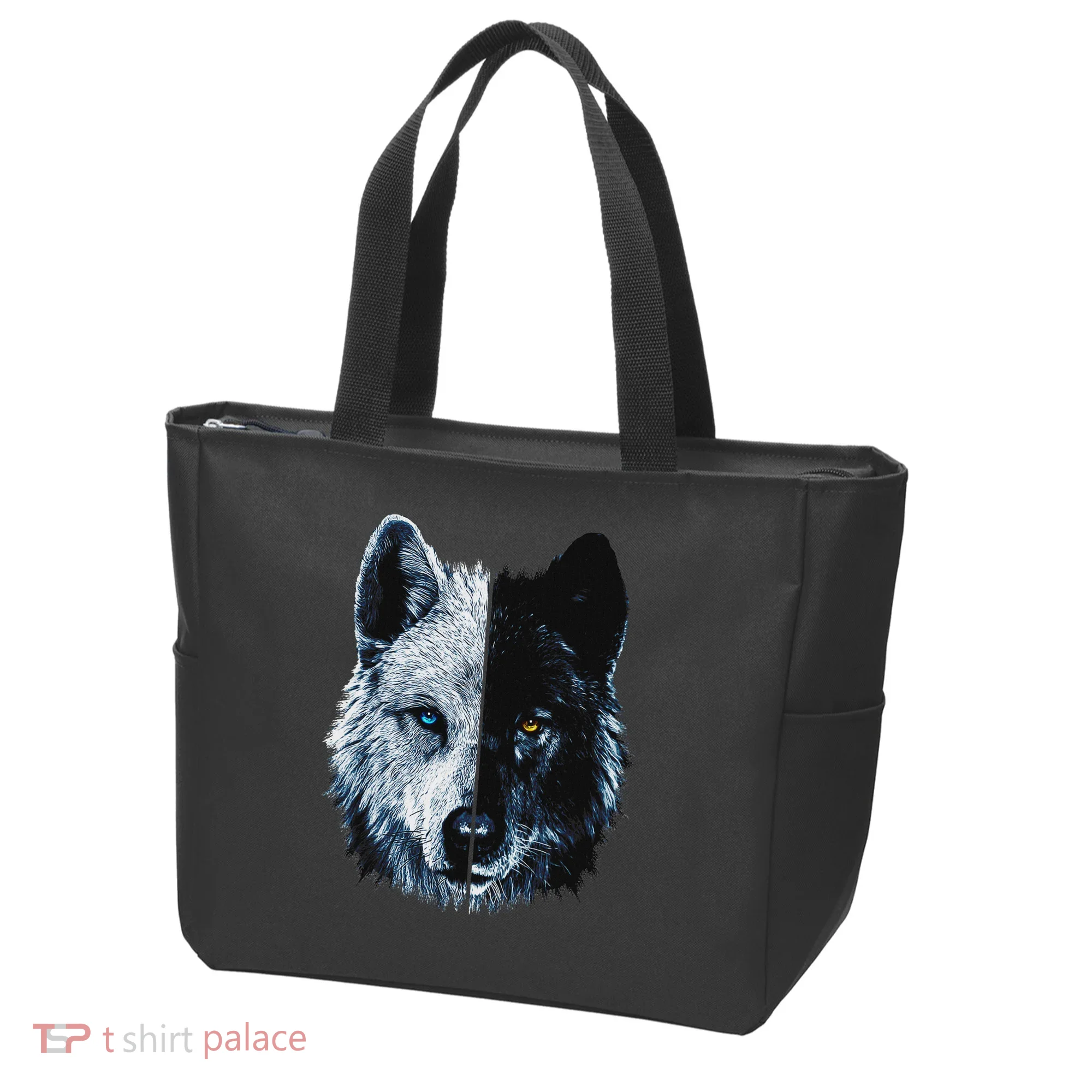 Polar And Black Two Face Wolf Split Face Magical Wolves Tote Bag