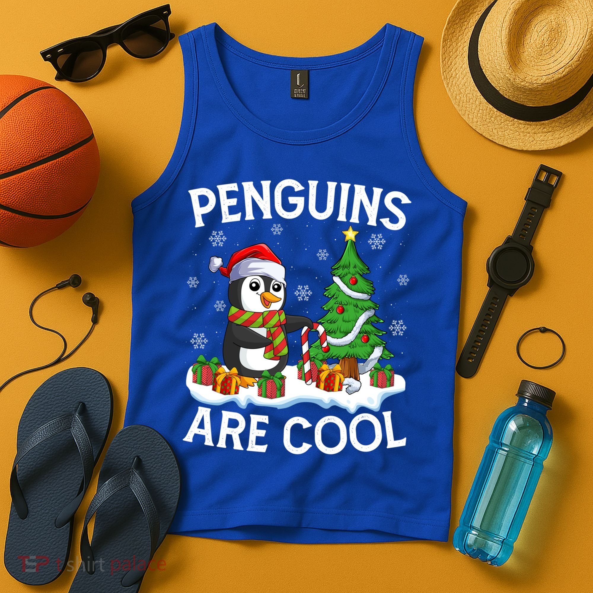 Penguins Are Cool Xmas Tree Lights Santa Penguin Christmas Gift Tank Top