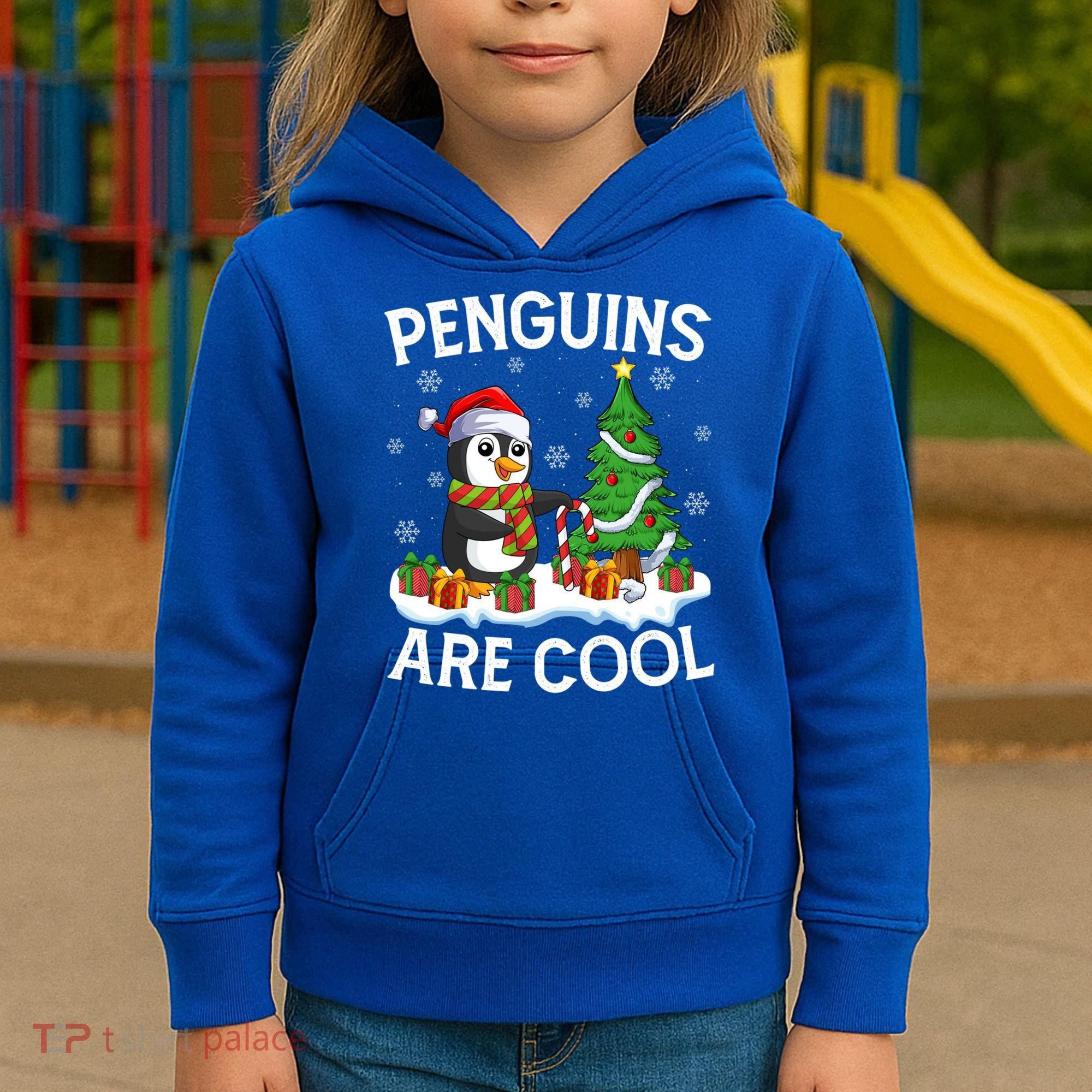 Penguins Are Cool Xmas Tree Lights Santa Penguin Christmas Gift Kids Hoodie