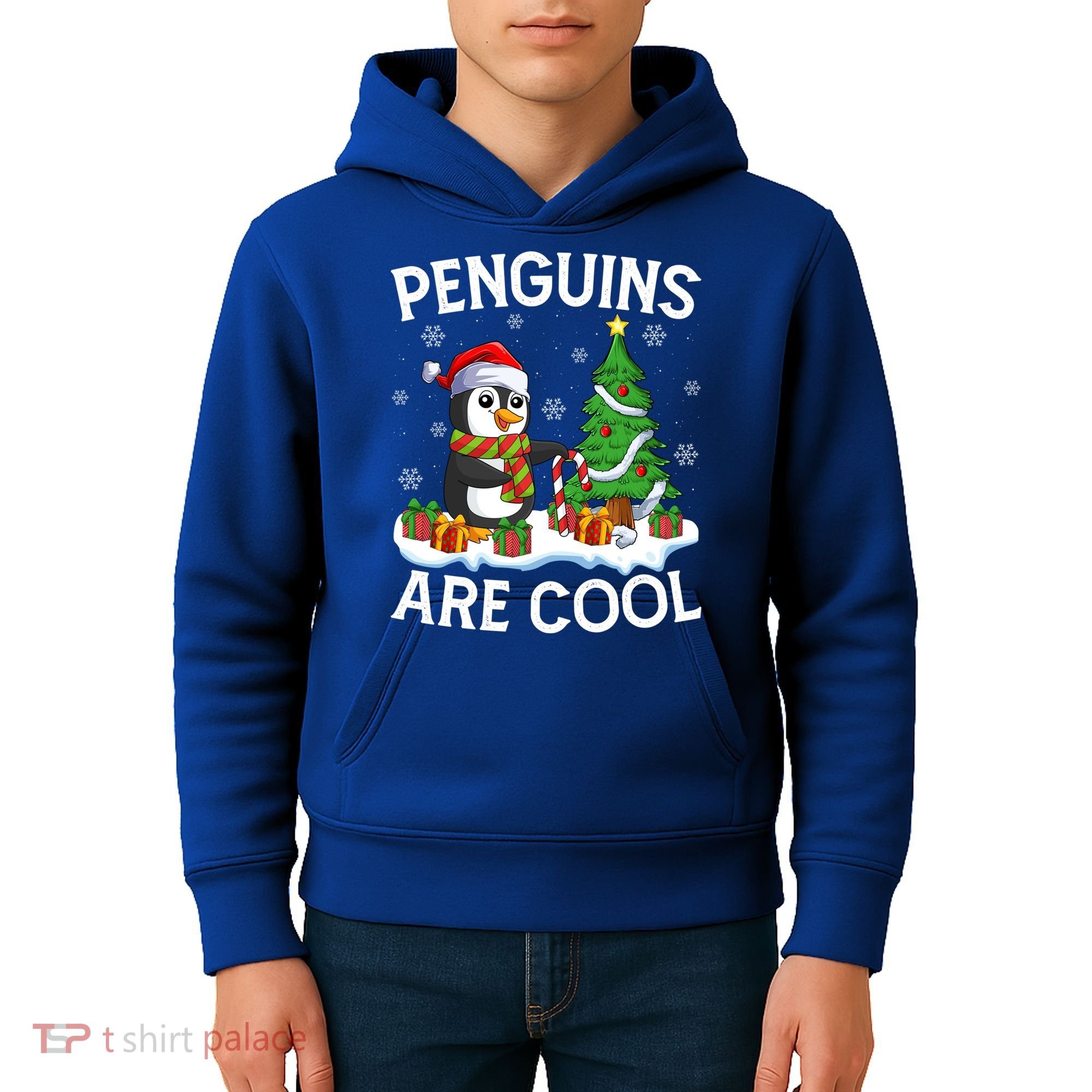 Penguins Are Cool Xmas Tree Lights Santa Penguin Christmas Gift Kids Hoodie