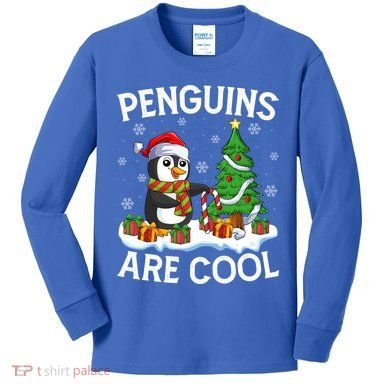 Penguins Are Cool Xmas Tree Lights Santa Penguin Christmas Gift Kids Long Sleeve Shirt