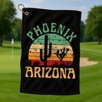 Phoenix Arizona Desert Cactus Retro Sunset Outdoors Retro Golf Towel thumb 1