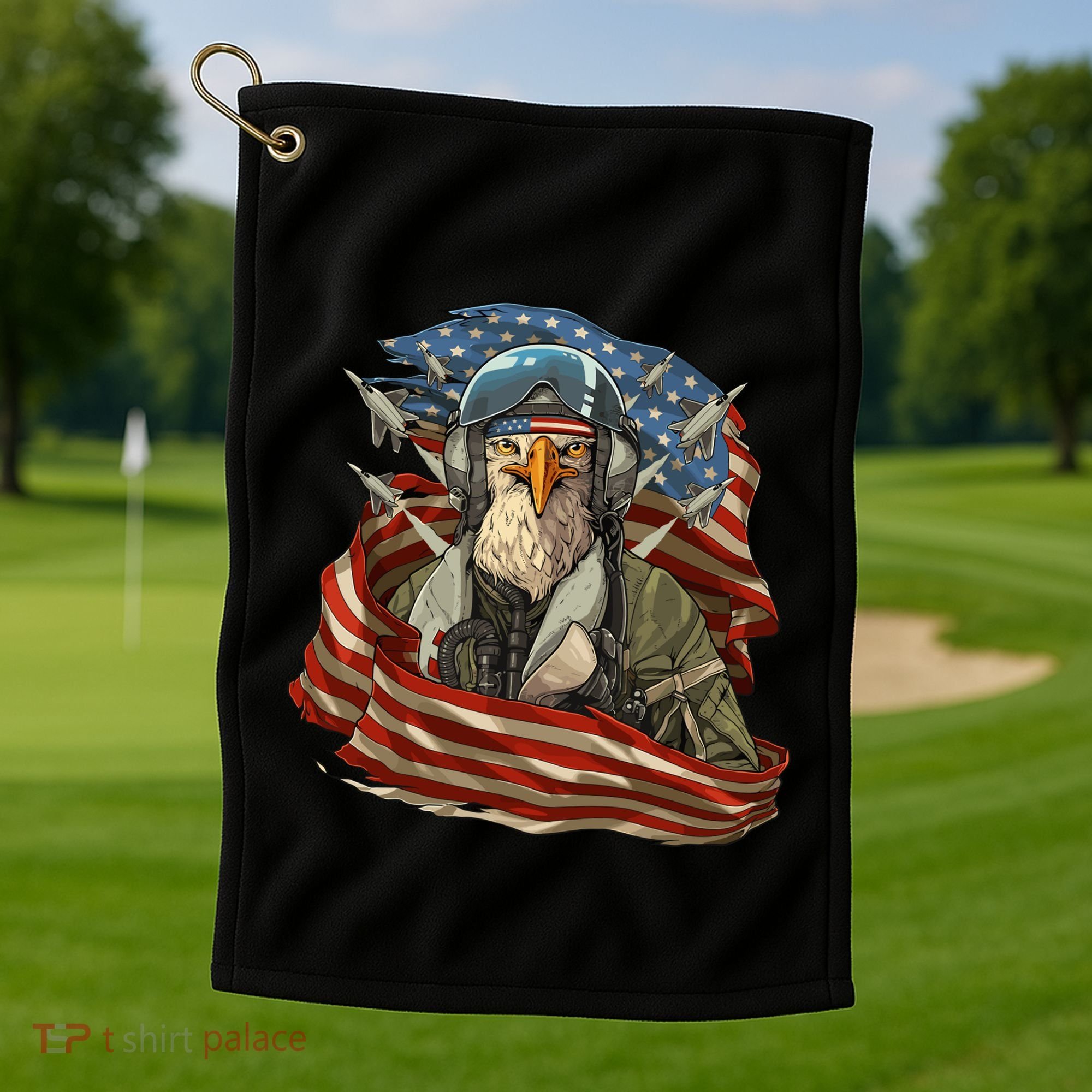 Patriotic American Eagle Fighter Pilot 4th Of July Golf Towel