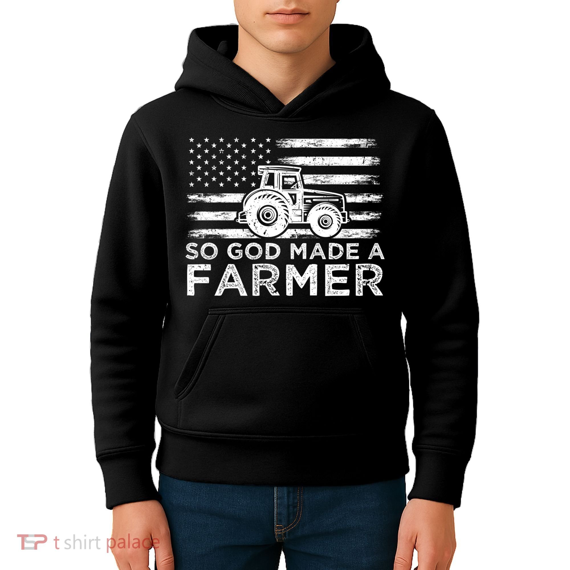 Patriotic American Flag Tractor So God Made A Farmer Gift Kids Hoodie