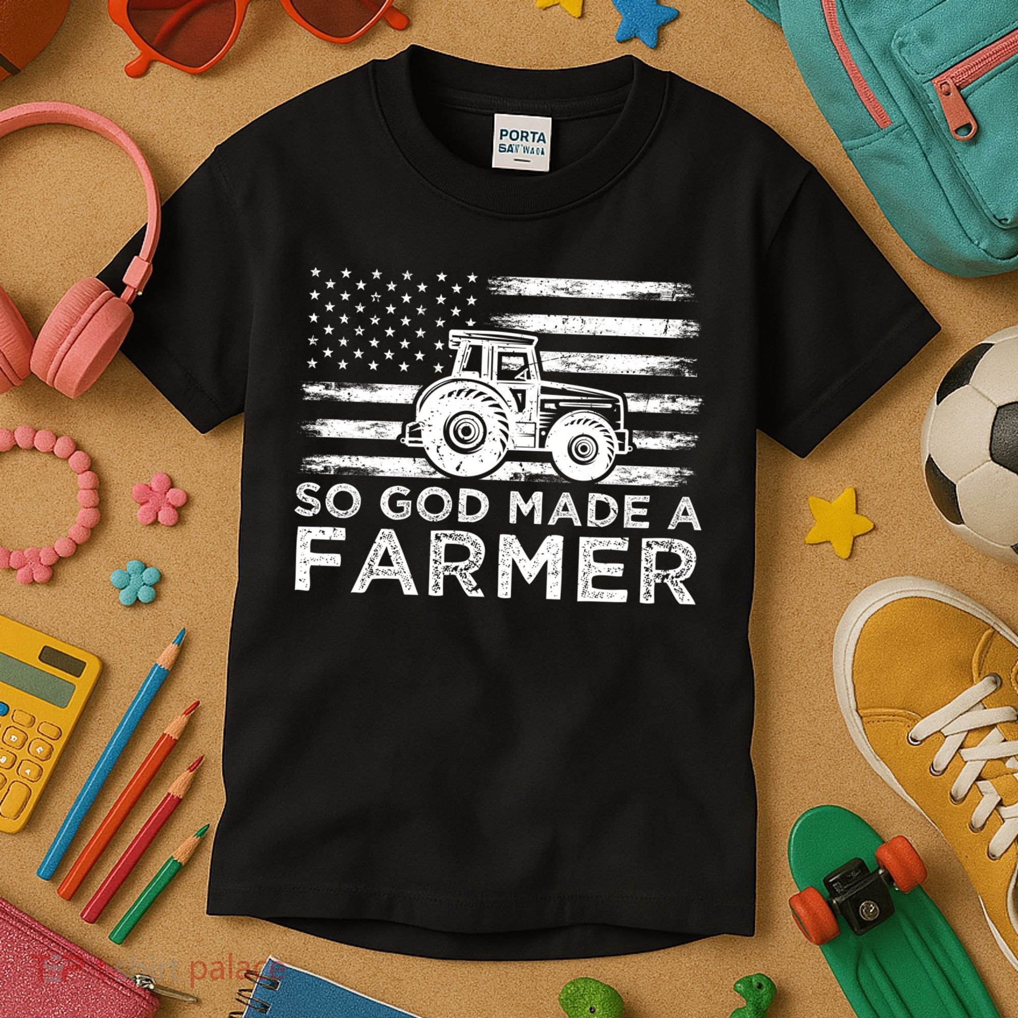 Patriotic American Flag Tractor So God Made A Farmer Gift Kids T-Shirt