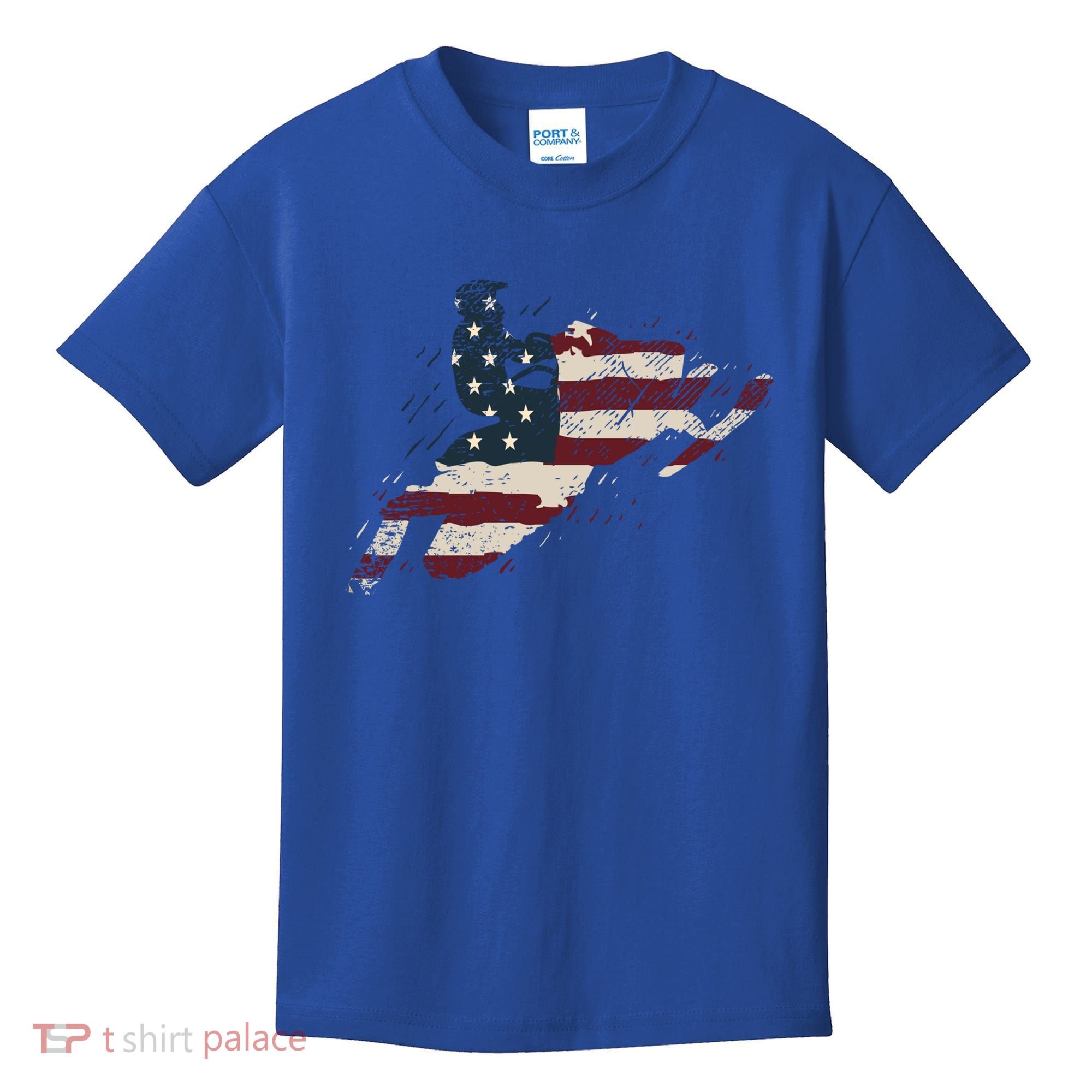 Proud American Flag Snowmobiling Gift Snowmobile Riding Gift Kids T-Shirt