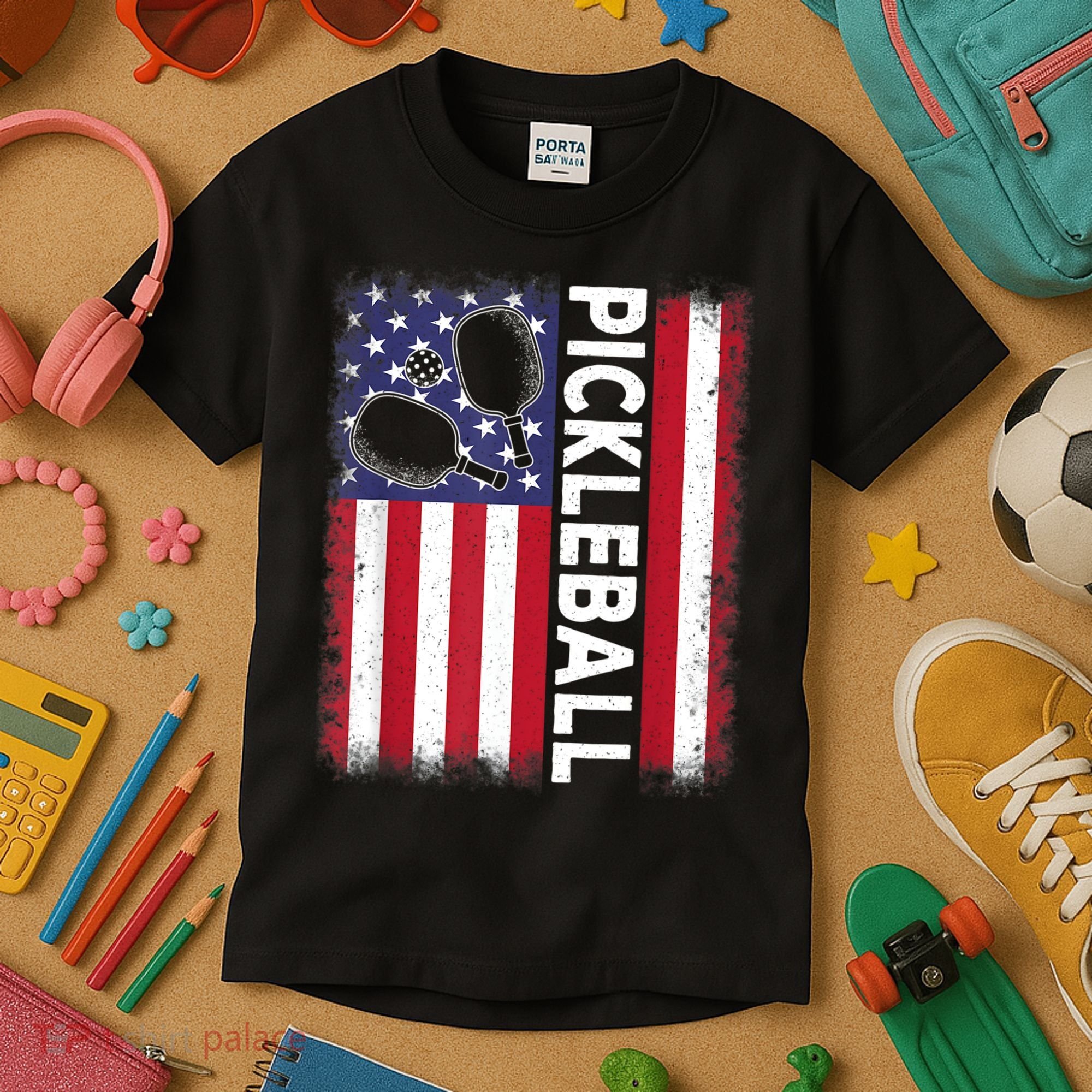 Pickleball American Flag Funny Pickleball Lover Kids T-Shirt