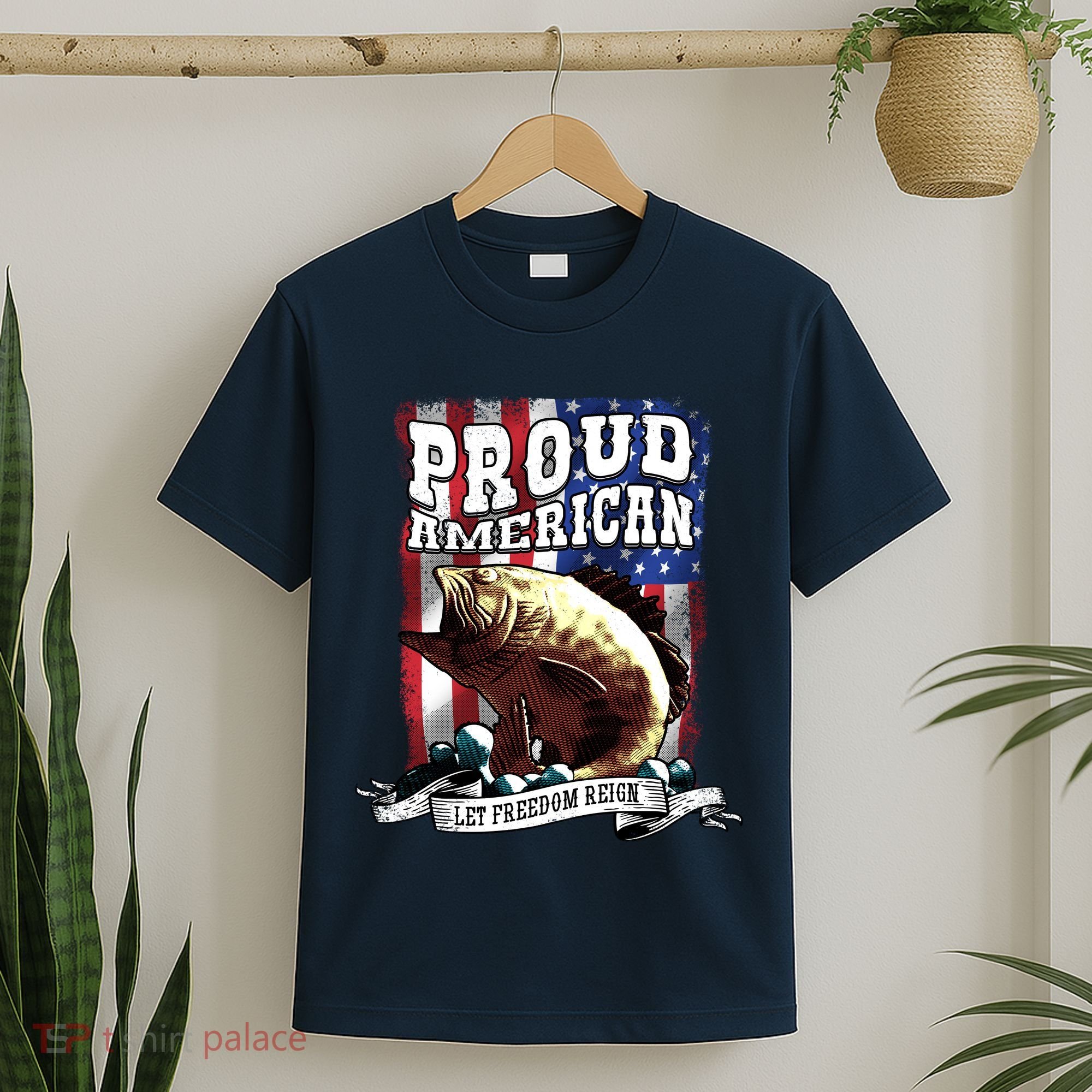 Proud American Flag Let Freedom Reign Fishing T-Shirt