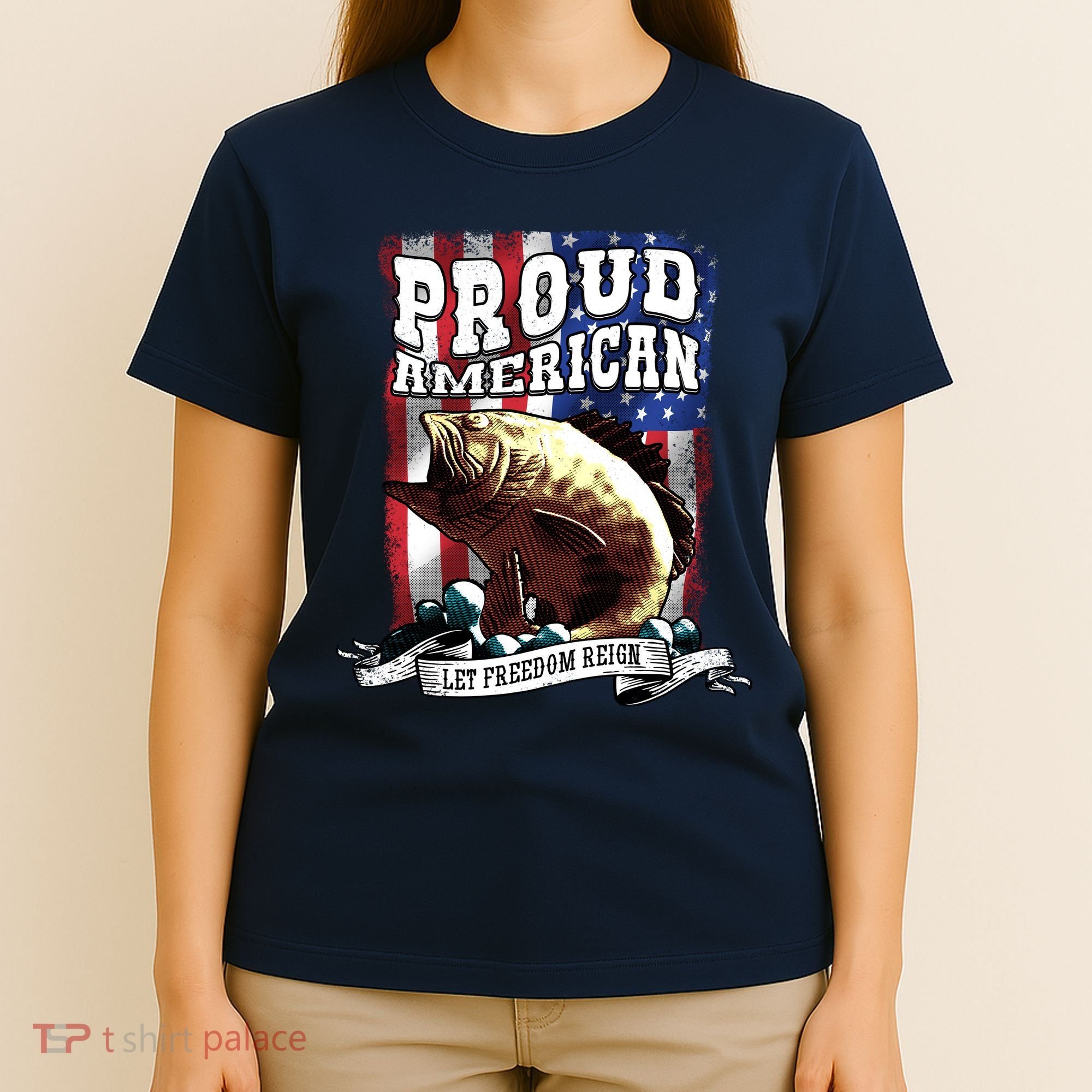 Proud American Flag Let Freedom Reign Fishing T-Shirt