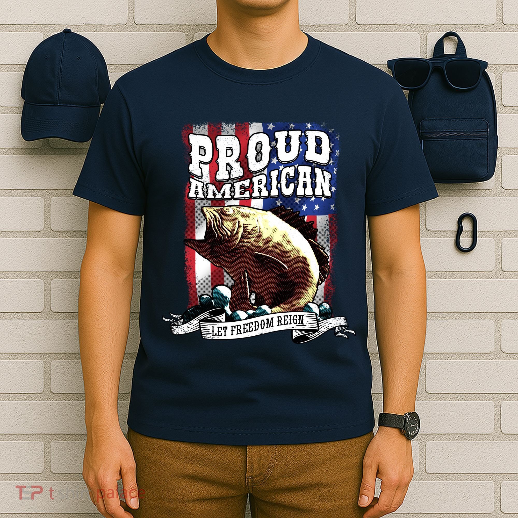 Proud American Flag Let Freedom Reign Fishing T-Shirt