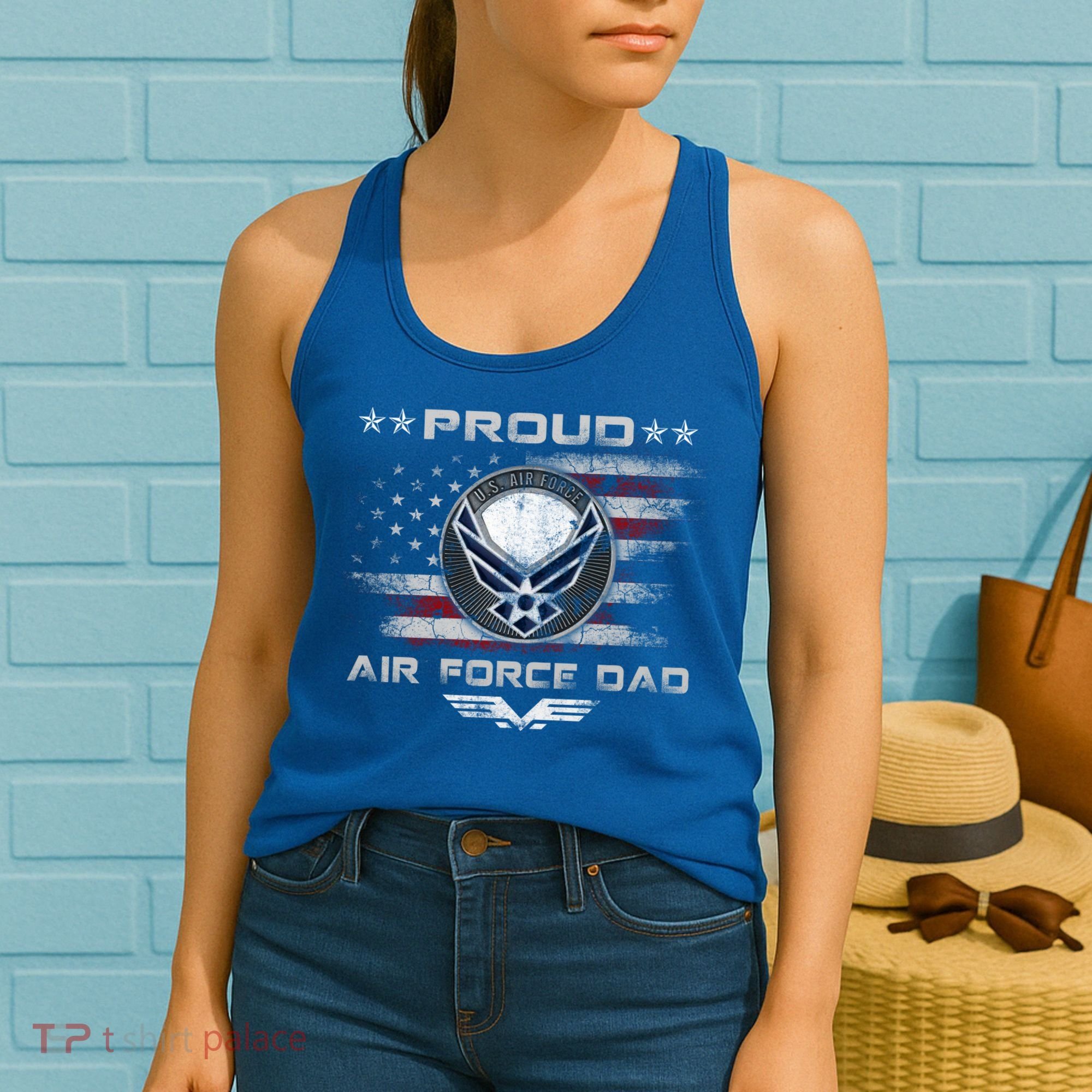 Proud Air Force Dad Military Veteran Pride Us Flag Cute Gift Women's Tank Top