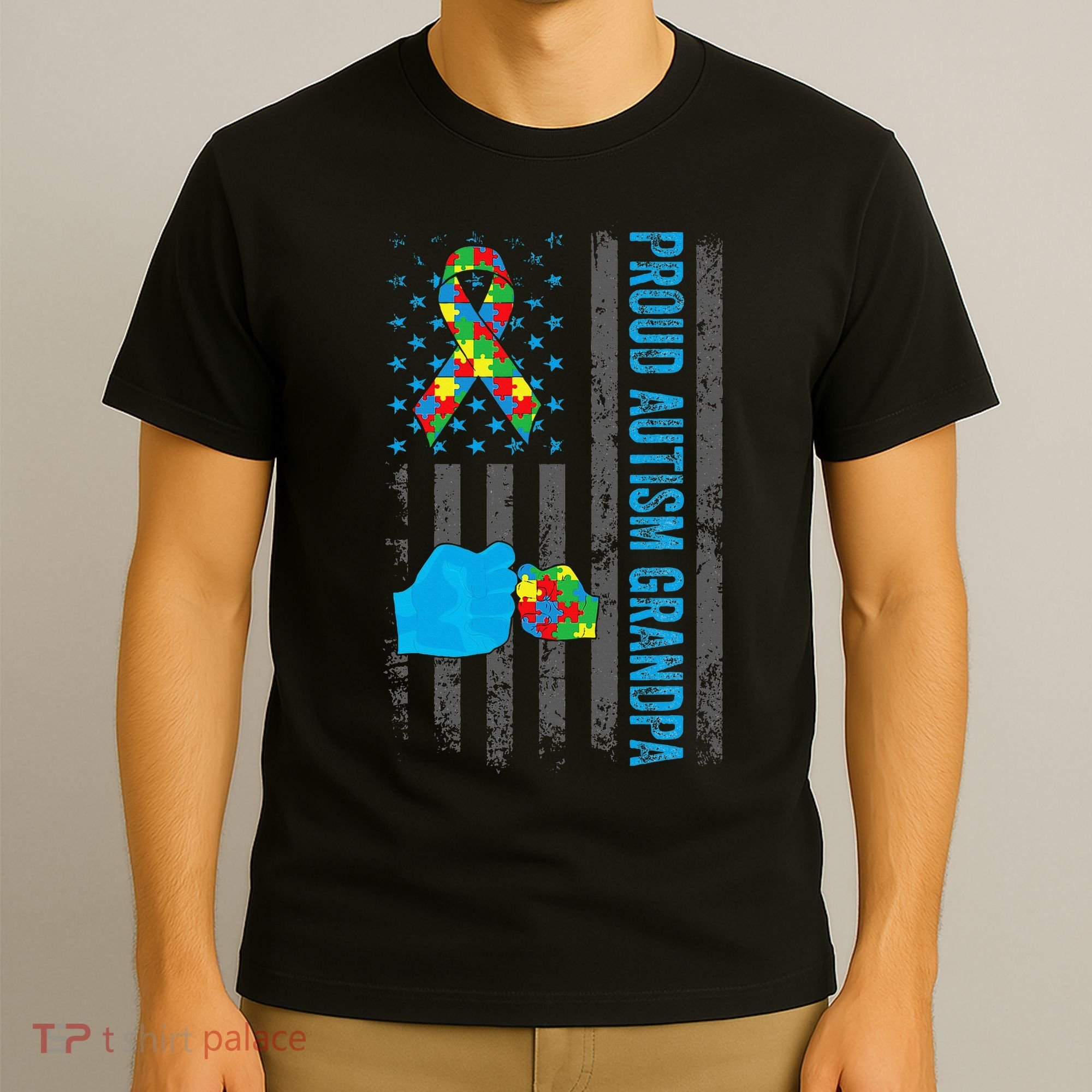 Proud Autism Grandpa American Flag Autism Awareness  T-Shirt