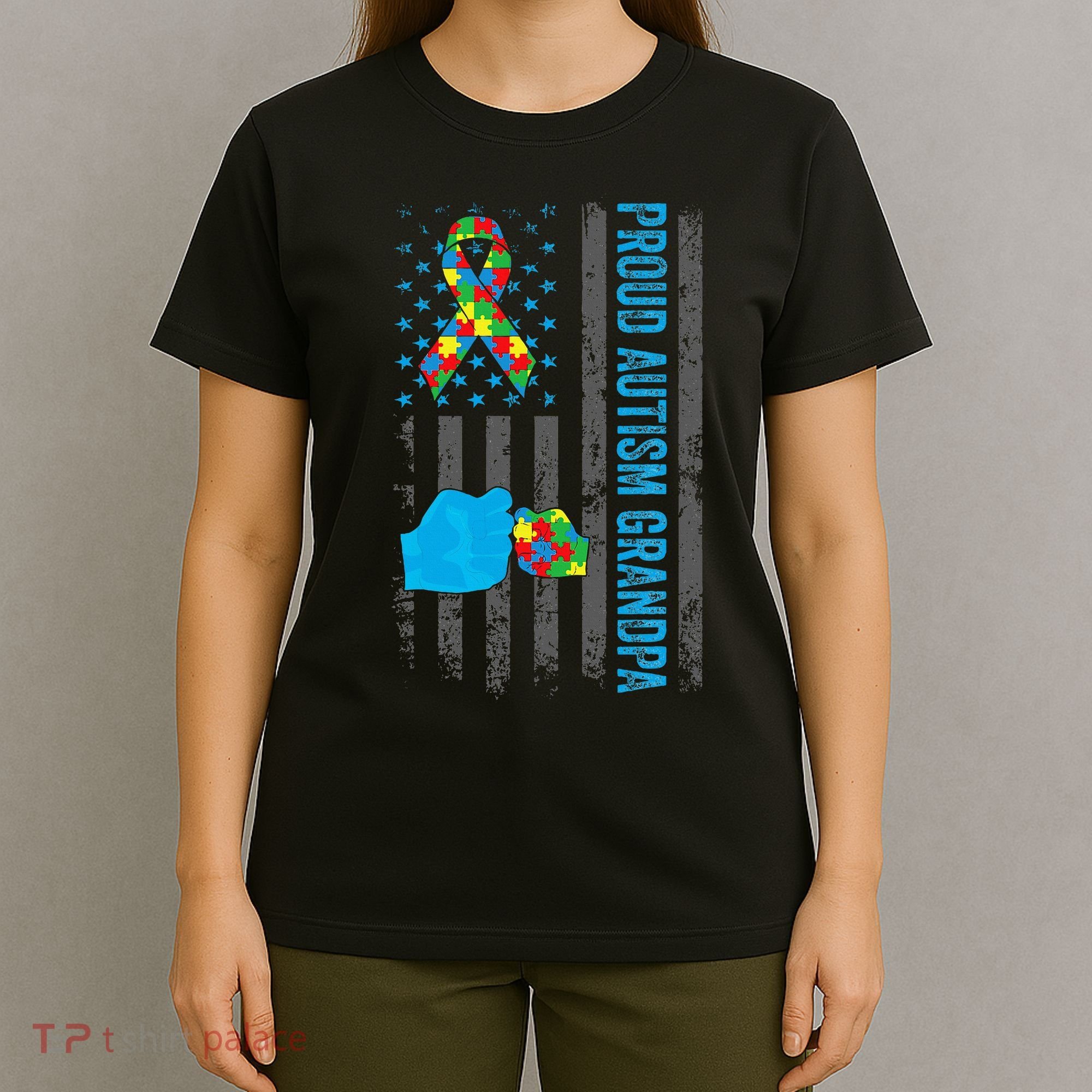 Proud Autism Grandpa American Flag Autism Awareness  T-Shirt