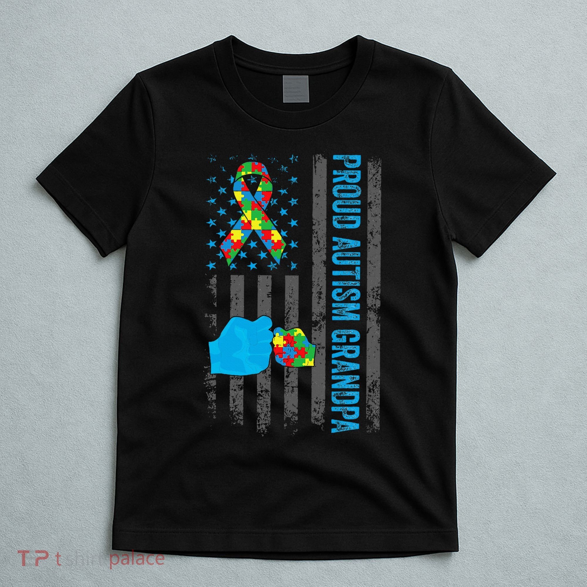 Proud Autism Grandpa American Flag Autism Awareness  T-Shirt