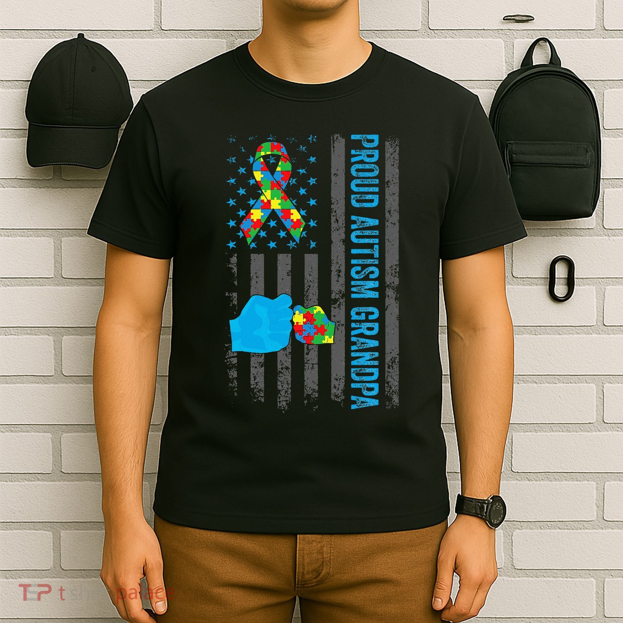 Proud Autism Grandpa American Flag Autism Awareness  T-Shirt