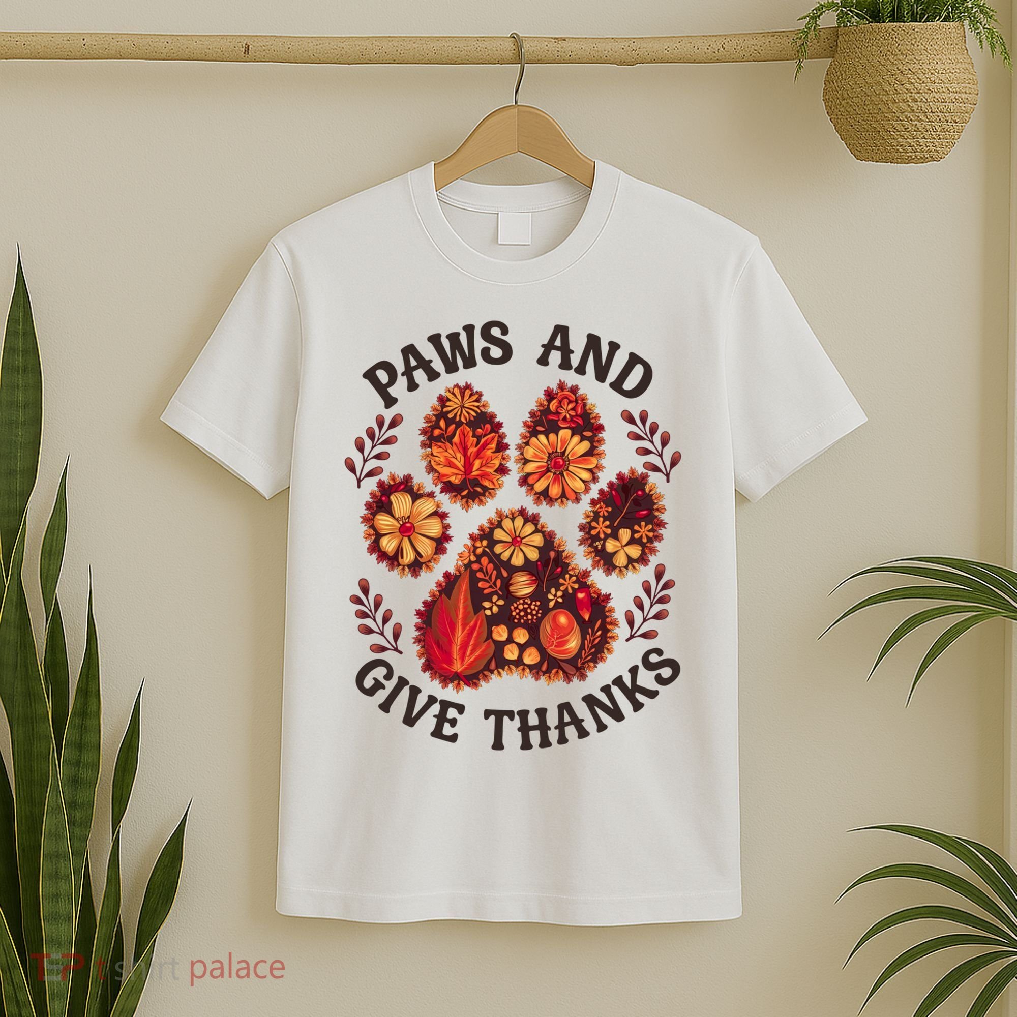 Paws And Give Thanks Dog Paw Floral Thanksgiving Day Autumn T-Shirt