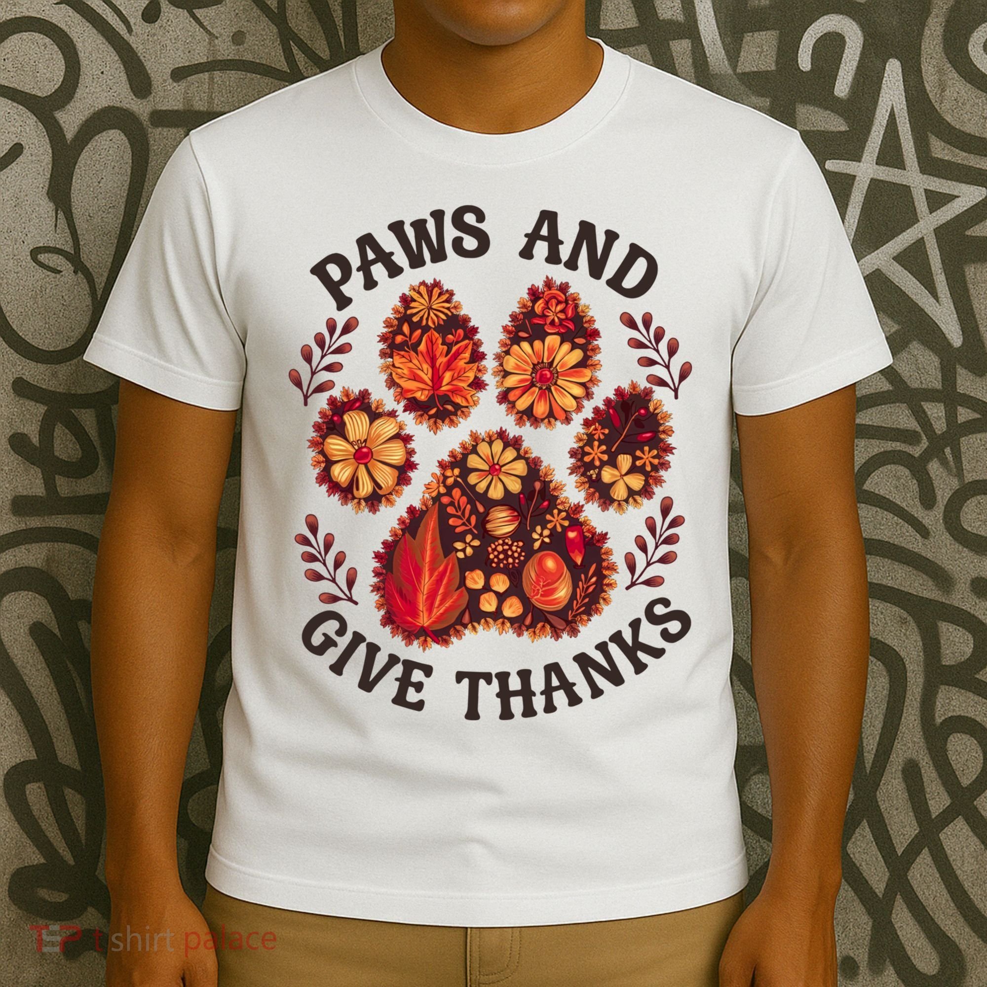 Paws And Give Thanks Dog Paw Floral Thanksgiving Day Autumn T-Shirt