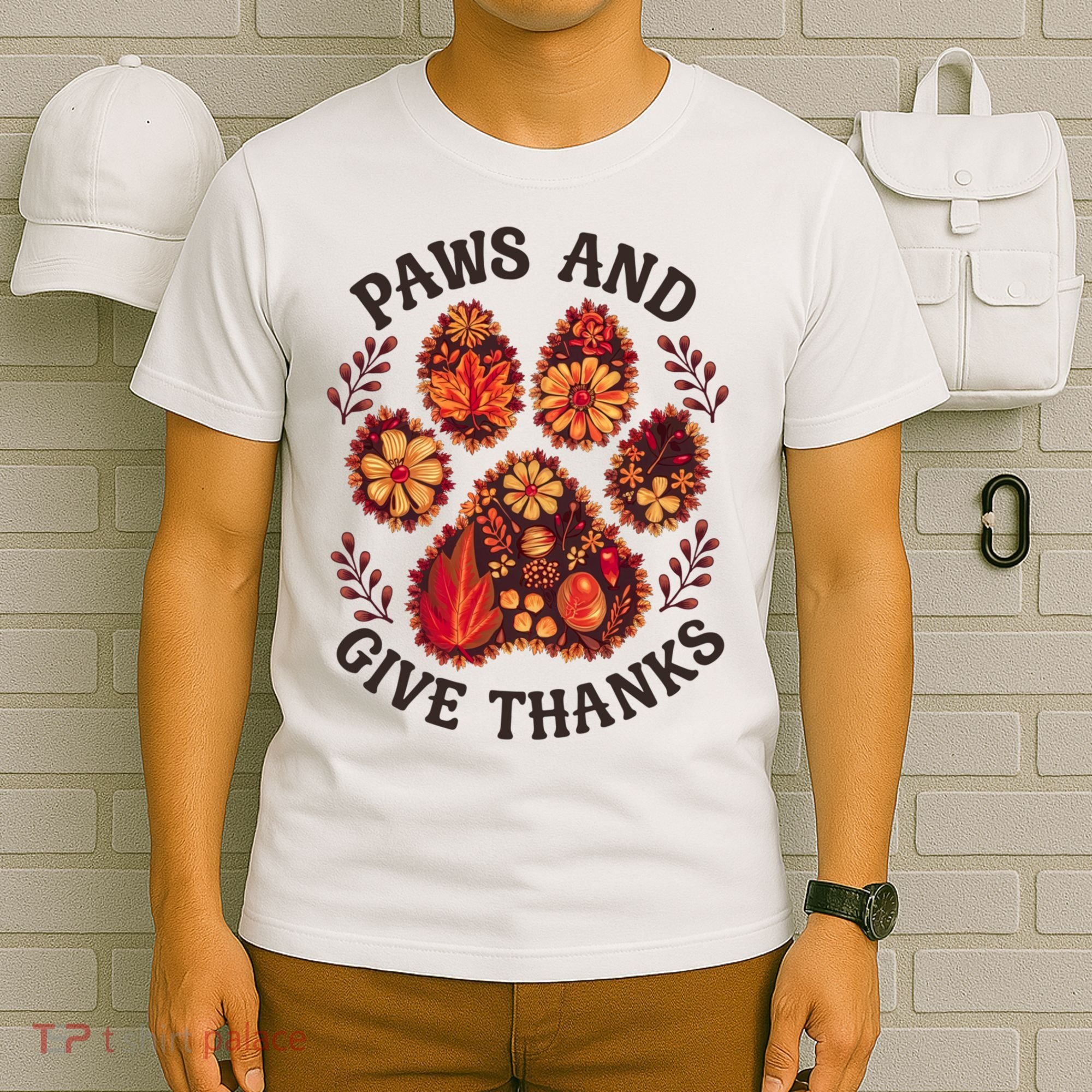 Paws And Give Thanks Dog Paw Floral Thanksgiving Day Autumn T-Shirt