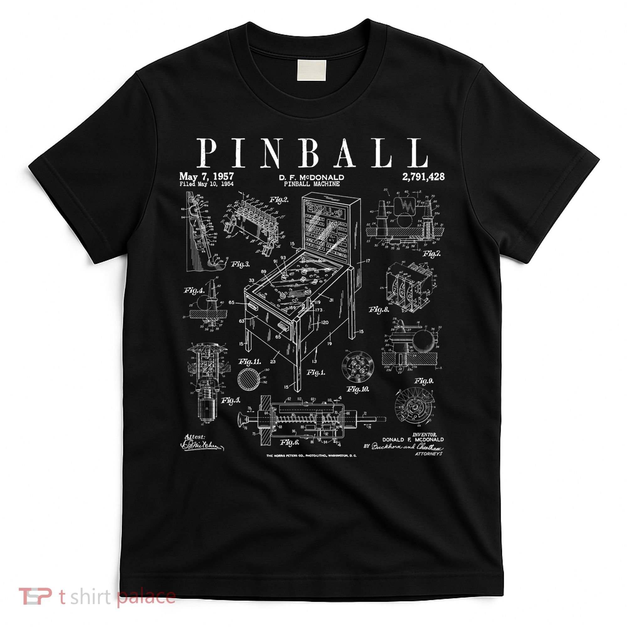 Pinball Arcade Gaming Machine Vintage Gamer Patent Print T-Shirt