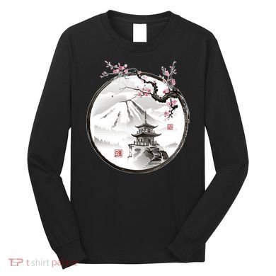 Pagoda Japanese Ink Painting Long Sleeve Shirt