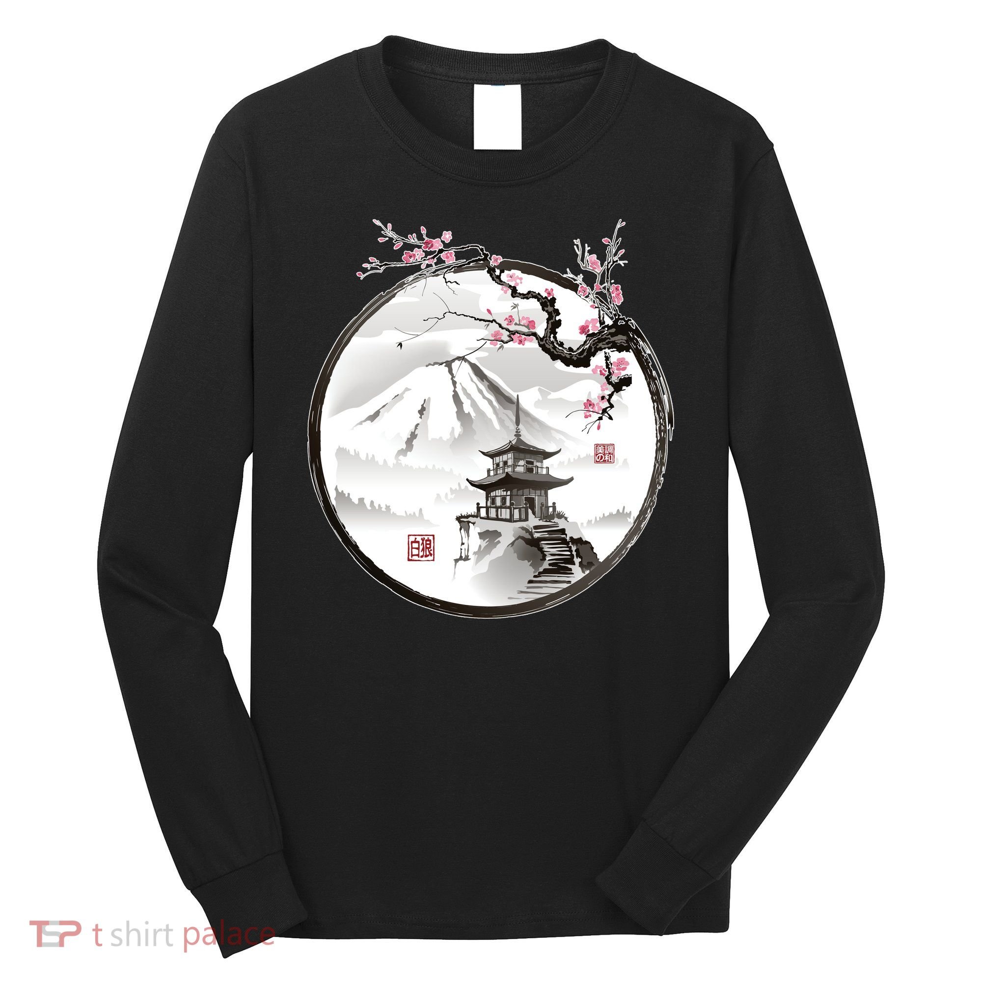 Pagoda Japanese Ink Painting Long Sleeve Shirt
