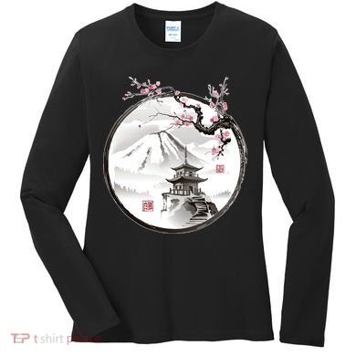 Pagoda Japanese Ink Painting Women's Long Sleeve Shirt
