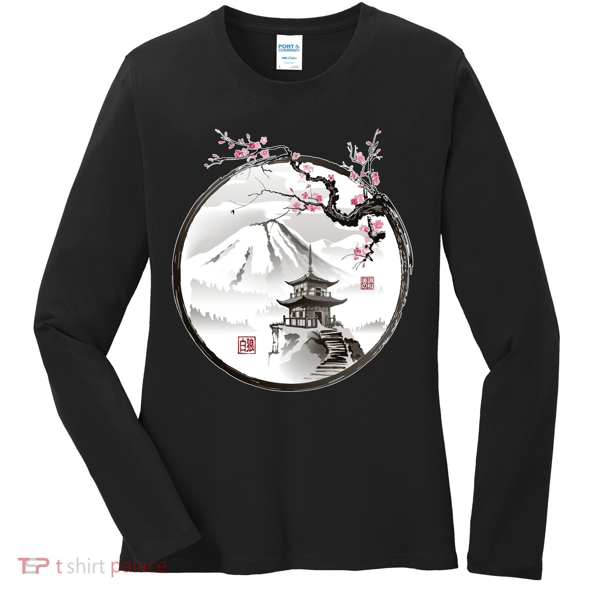 Pagoda Japanese Ink Painting Women's Long Sleeve Shirt