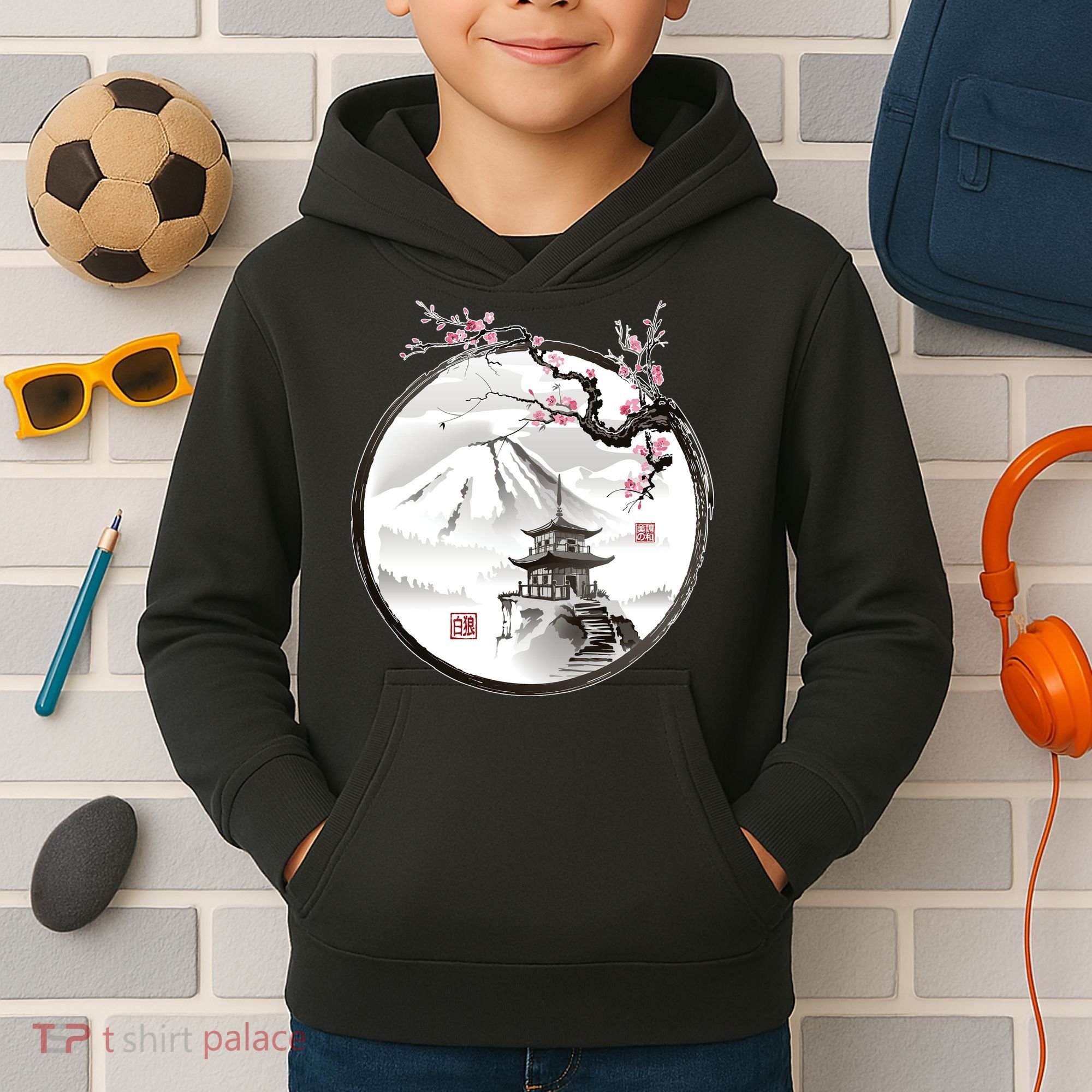 Pagoda Japanese Ink Painting Kids Hoodie