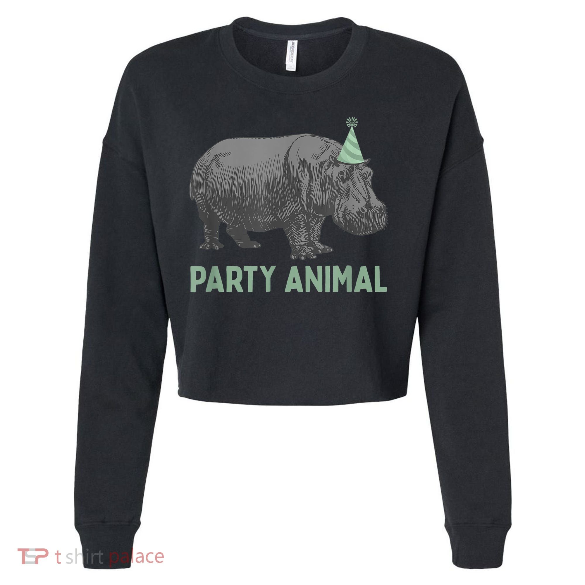 Party Animal Hippo Birthday Gift Funny Hippo Birthday Gift Cropped Pullover Crew