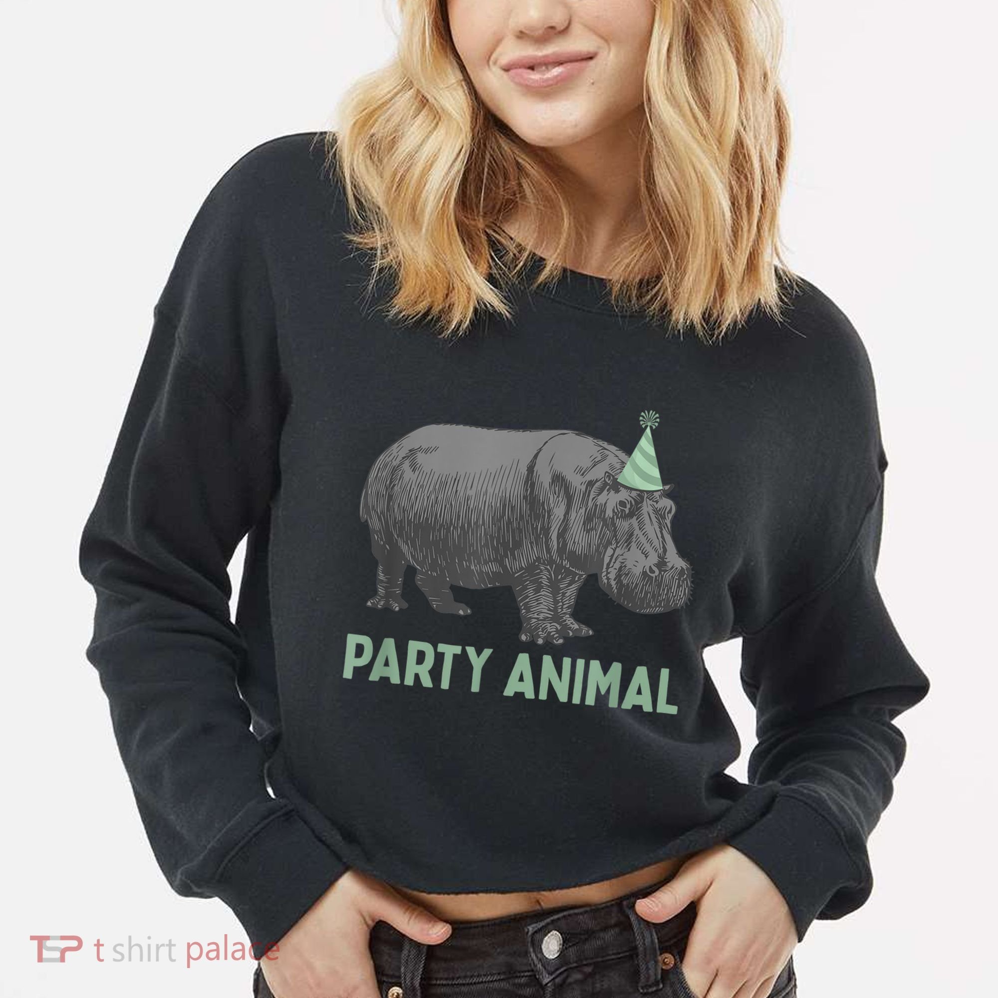 Party Animal Hippo Birthday Gift Funny Hippo Birthday Gift Cropped Pullover Crew