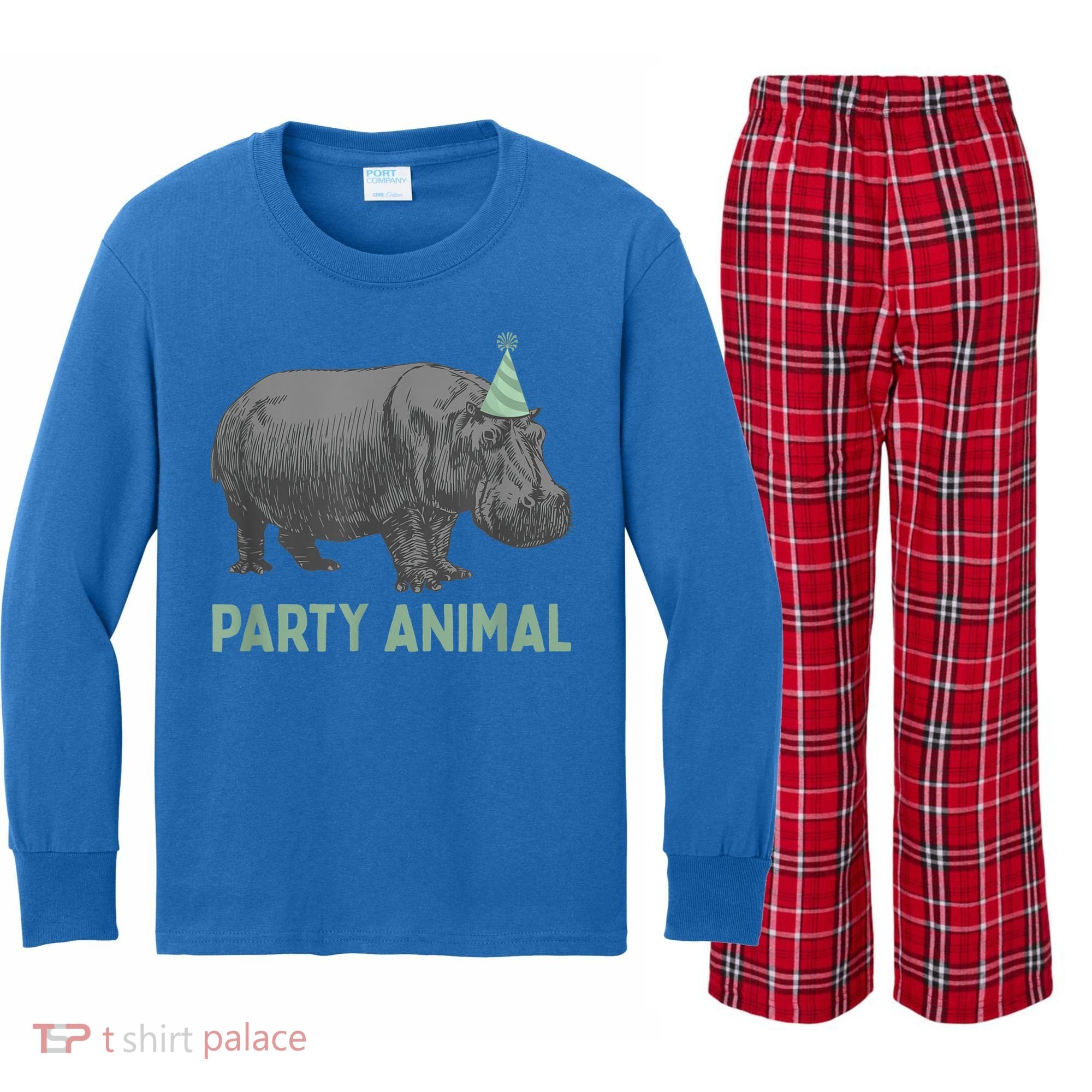 Party Animal Hippo Birthday Gift Funny Hippo Birthday Gift Kids Long Sleeve Plaid Pajama Set