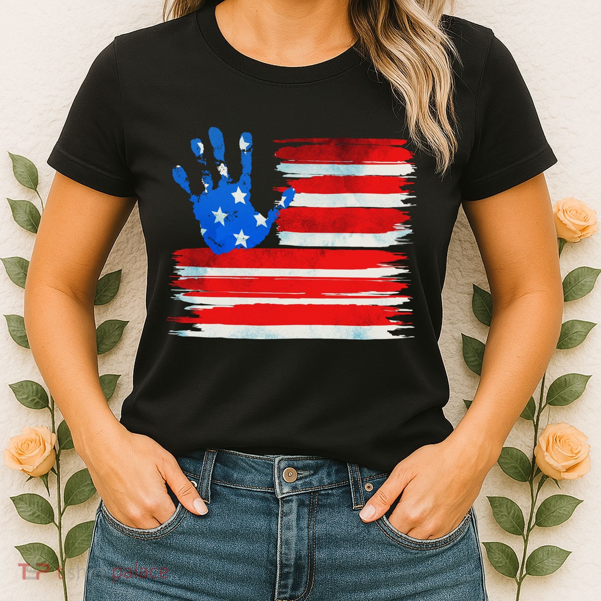Painted American Flag Hand Print Women's T-Shirt