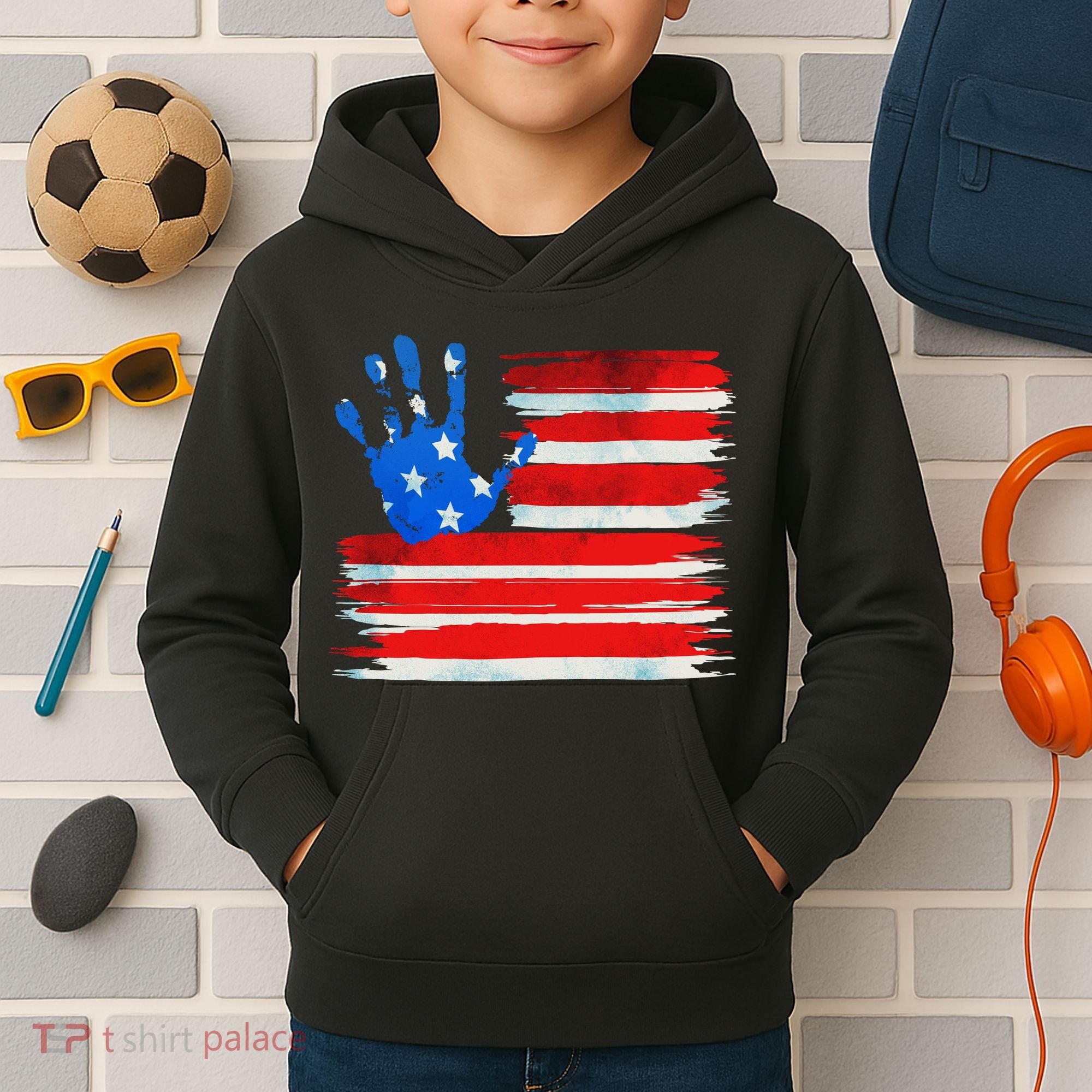 Painted American Flag Hand Print Kids Hoodie